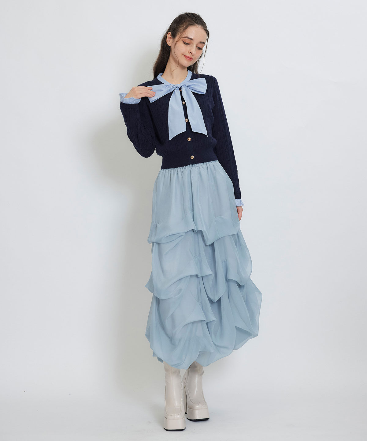 REDYAZEL「エンブレムボタンケーブルリボンタイニットトップス」|ニット・セーター|