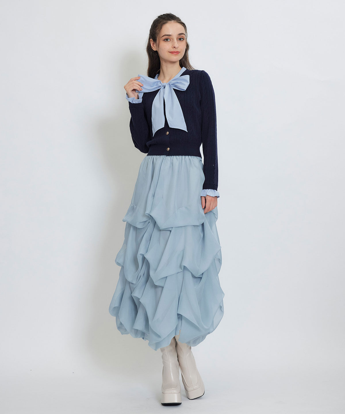 REDYAZEL「エンブレムボタンケーブルリボンタイニットトップス」|ニット・セーター|