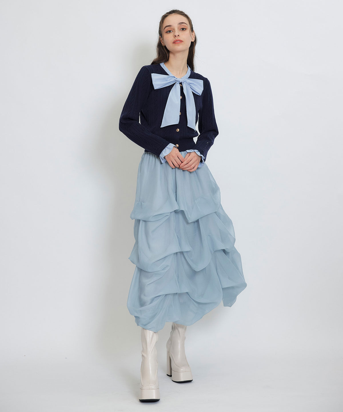 REDYAZEL「エンブレムボタンケーブルリボンタイニットトップス」|ニット・セーター|