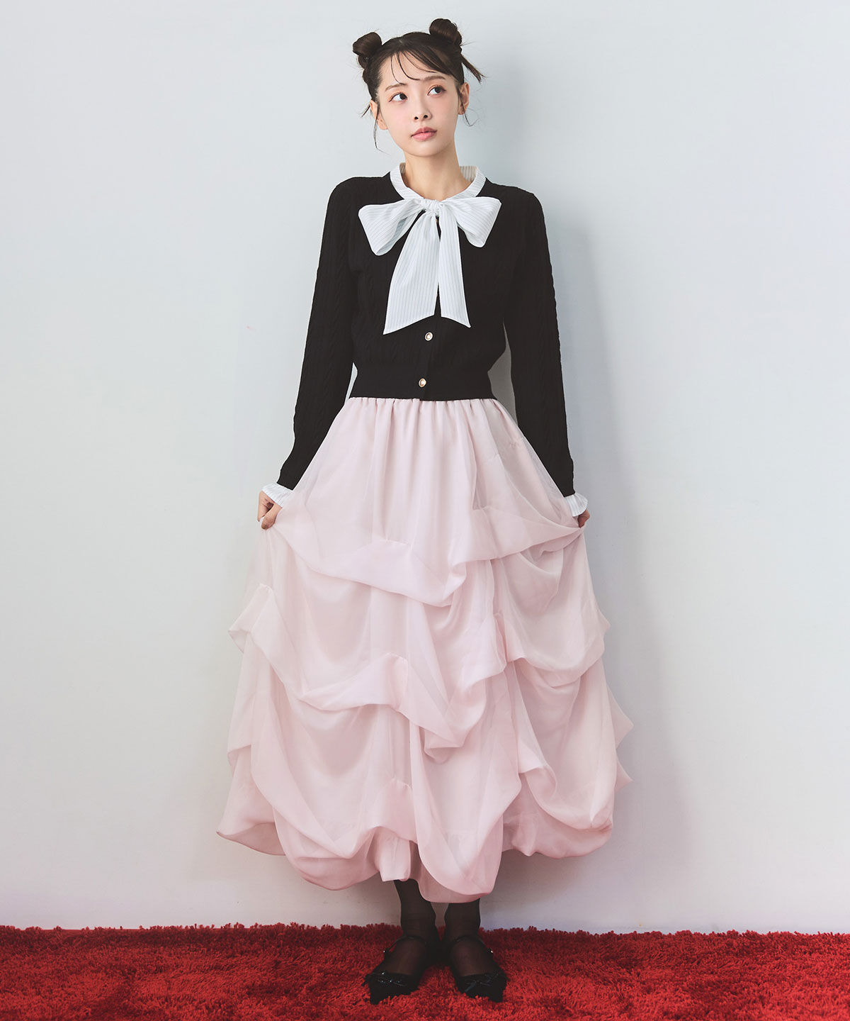 REDYAZEL「エンブレムボタンケーブルリボンタイニットトップス」|ニット・セーター|