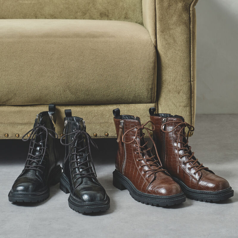 ORiental TRaffic「厚底型押しレースアップブーツ/15404」|ショートブーツ|BLACK