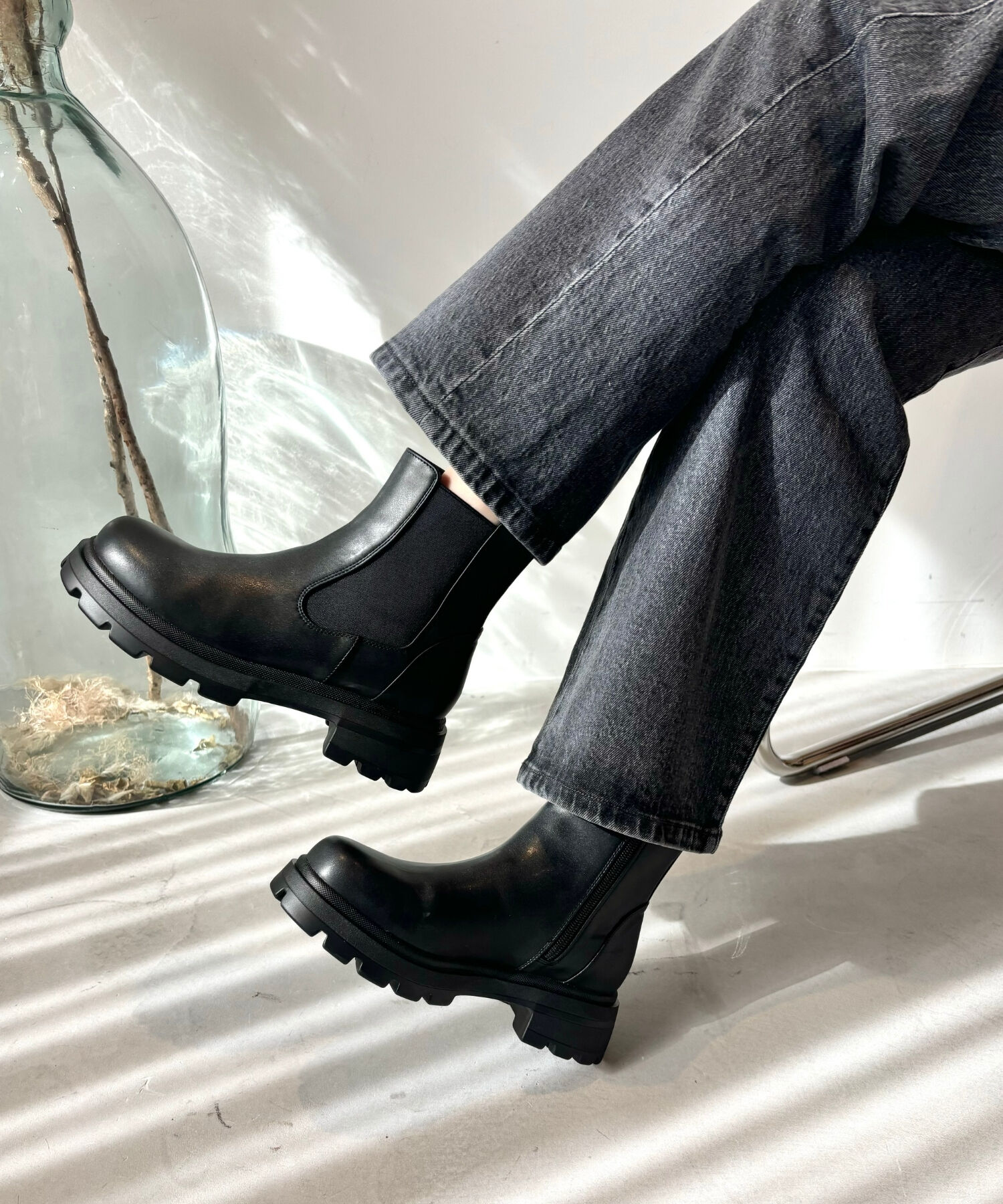 ORiental TRaffic「タンクソール サイドゴア ショートブーツ /41414 軽い ファスナー付き」|ショートブーツ|BLACK