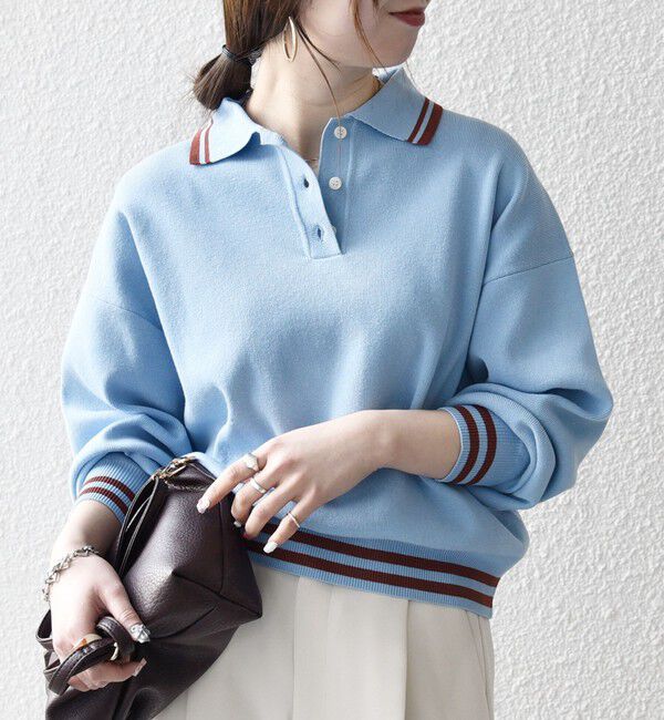 SHIPS any「《予約》SHIPS any:〈手洗い可能〉コットン ミックス ライン ポロニット プルオーバー」|ニット・セーター|ライトブルー