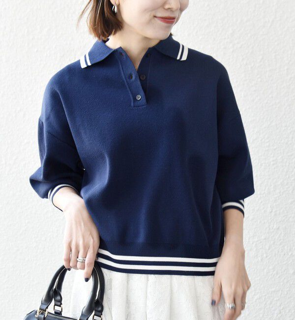 SHIPS any「《予約》SHIPS any:〈手洗い可能〉コットン ミックス ライン ポロニット プルオーバー」|ニット・セーター|ネイビー