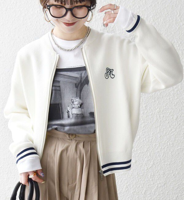 SHIPS any「《予約》SHIPS any:〈手洗い可能〉コットン ミックス ライン ジップ ブルゾン ニット カーディガン」|カーディガン|オフホワイト