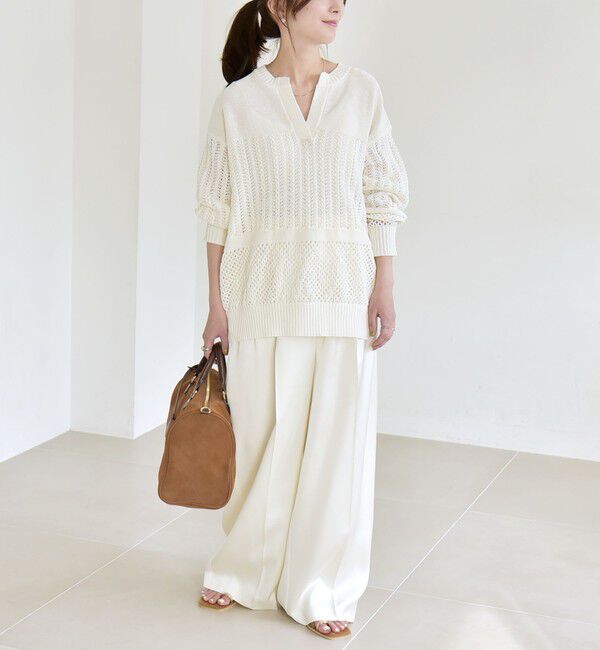 quaranciel「《予約》quaranciel:〈手洗い可能〉レース &times; メッシュ編み スキッパー ニット プルオーバー」|ニット・セーター|