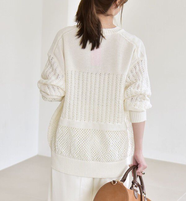 quaranciel「《予約》quaranciel:〈手洗い可能〉レース &times; メッシュ編み スキッパー ニット プルオーバー」|ニット・セーター|
