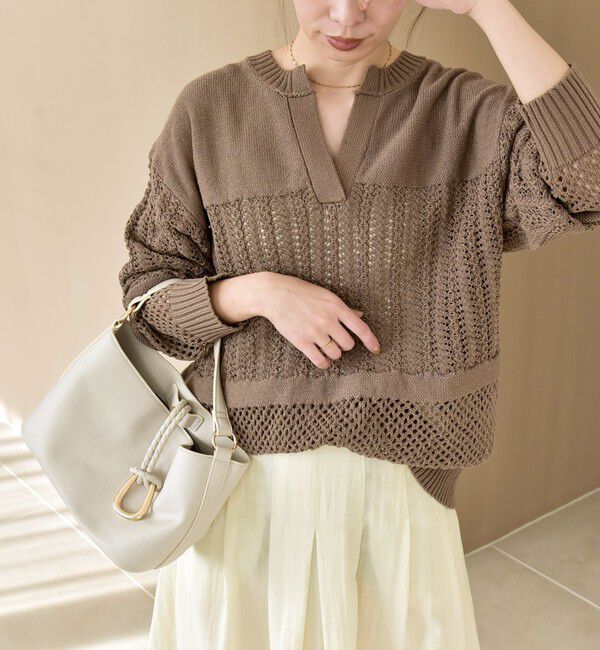 quaranciel「《予約》quaranciel:〈手洗い可能〉レース &times; メッシュ編み スキッパー ニット プルオーバー」|ニット・セーター|