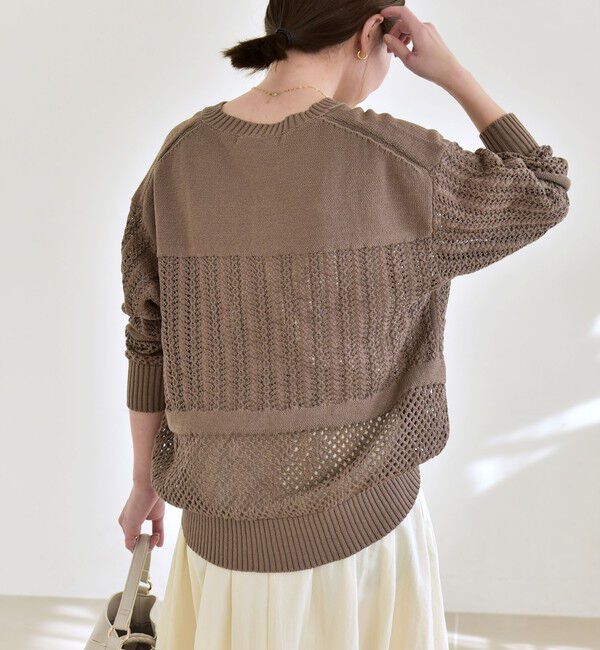 quaranciel「《予約》quaranciel:〈手洗い可能〉レース &times; メッシュ編み スキッパー ニット プルオーバー」|ニット・セーター|