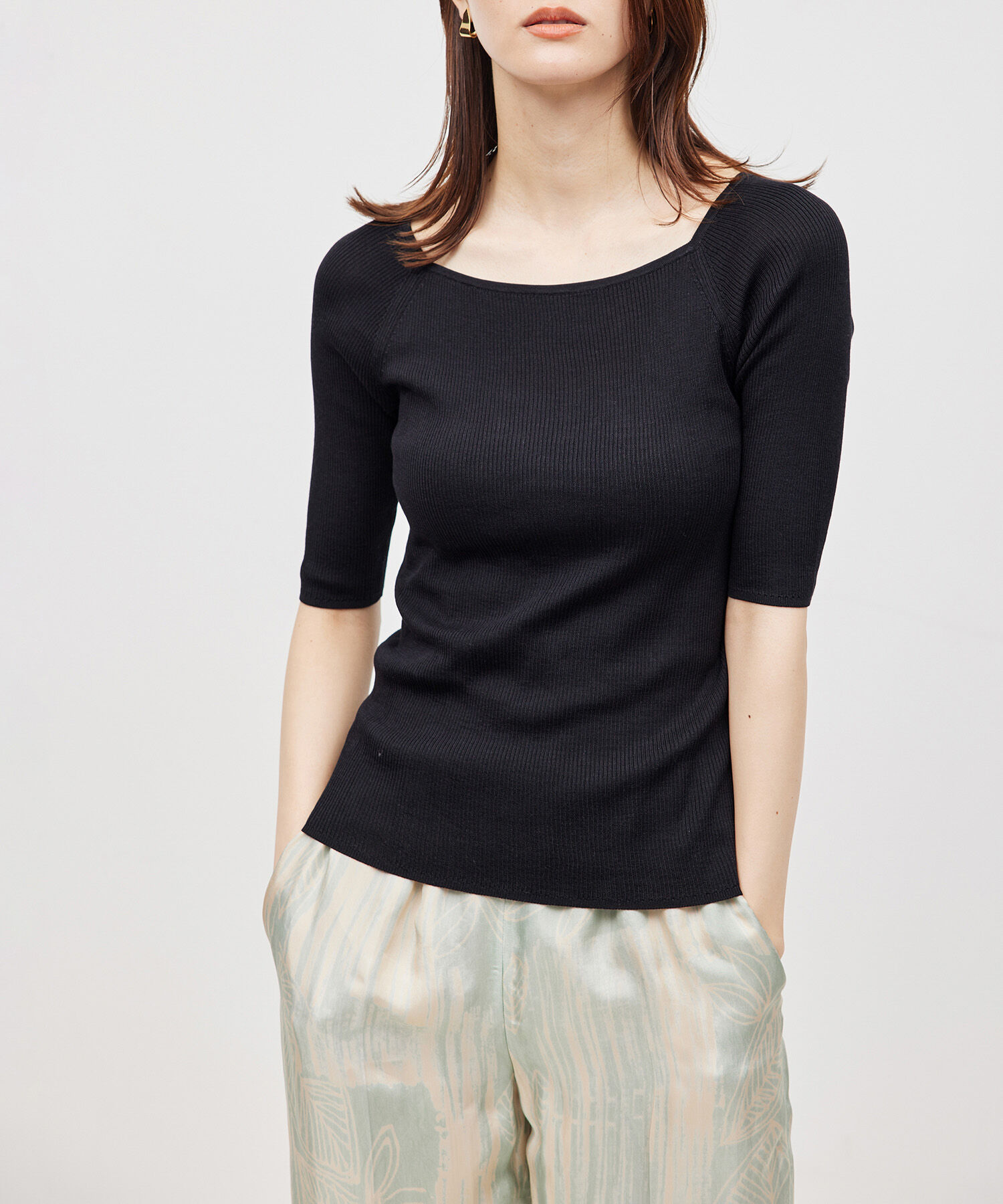 ROPE「【洗える】シルク100％ 5分袖リブトップス/スキンニット」|Tシャツ・カットソー|