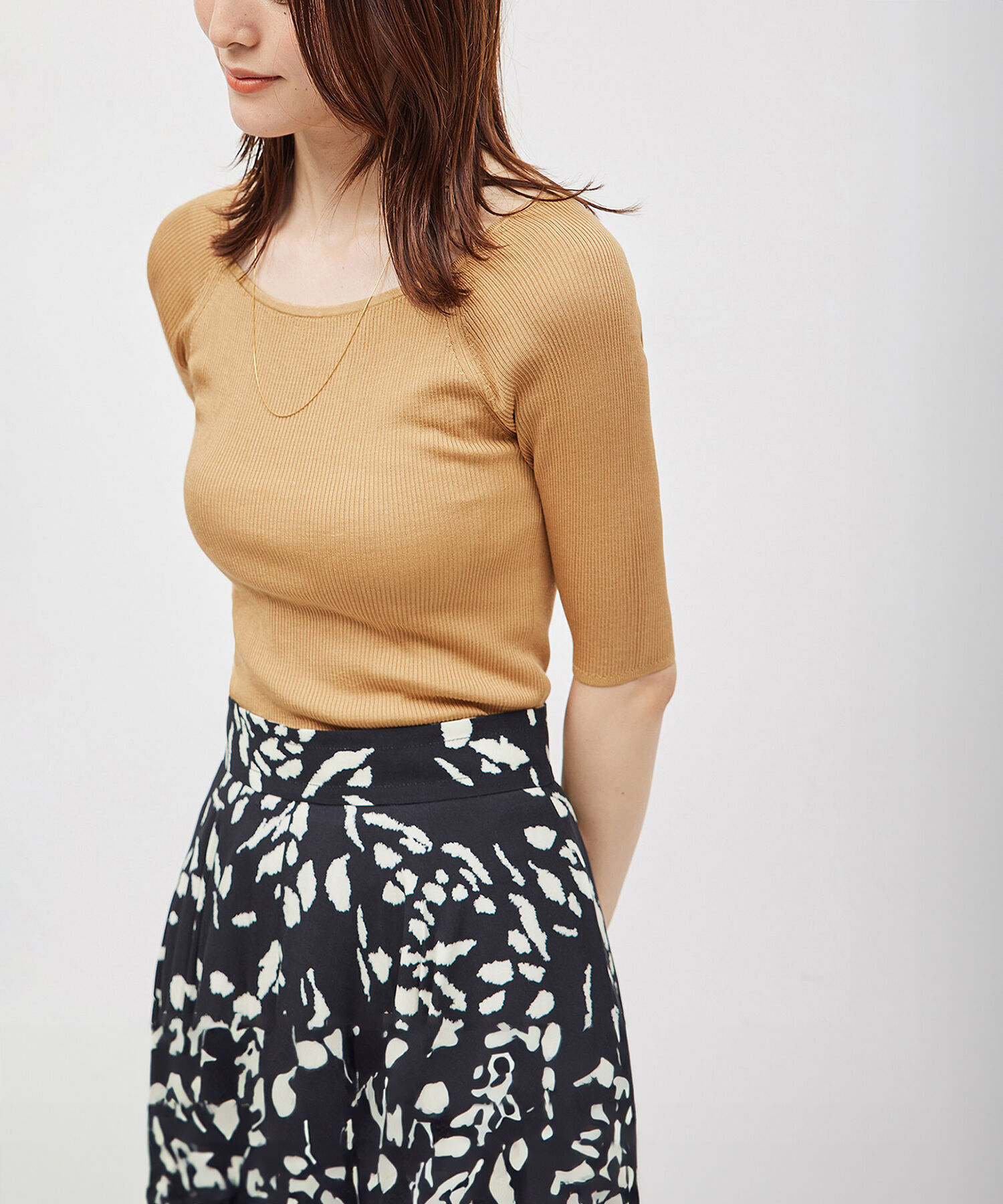 ROPE「【洗える】シルク100％ 5分袖リブトップス/スキンニット」|Tシャツ・カットソー|