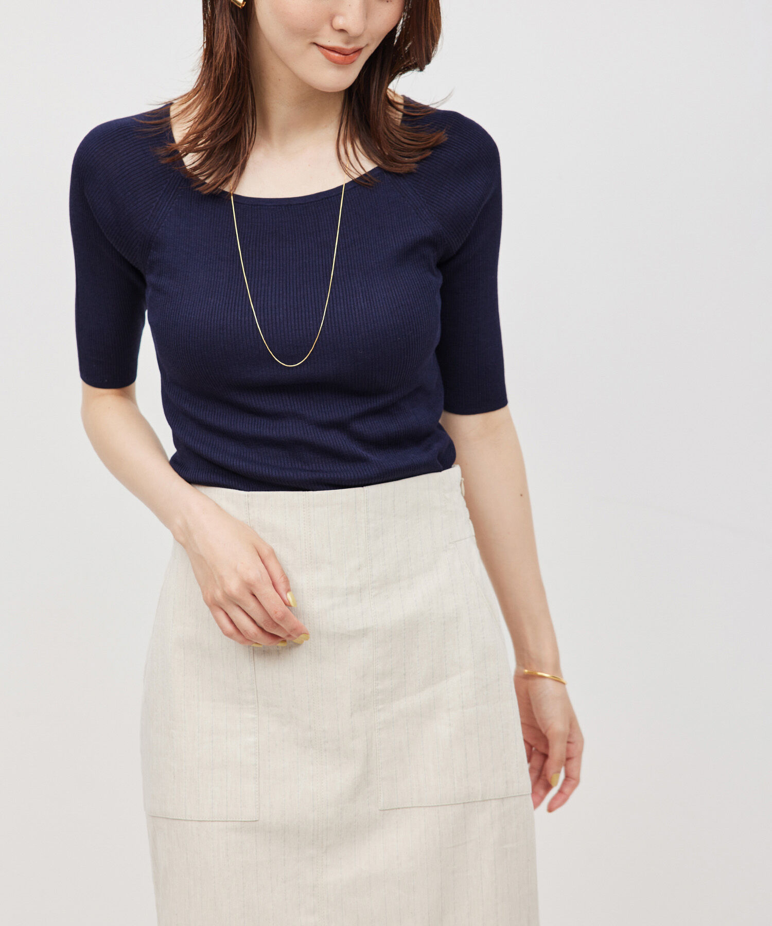 ROPE「【洗える】シルク100％ 5分袖リブトップス/スキンニット」|Tシャツ・カットソー|