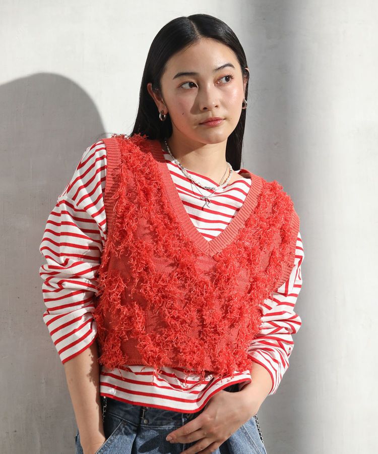 Green Parks「フリンジニットベスト」|ベスト・ジレ|Orange