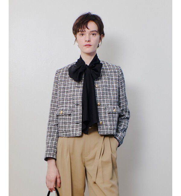 allureville「ファンシーツィードクルーネックジャケット」|ノーカラージャケット|ブラック