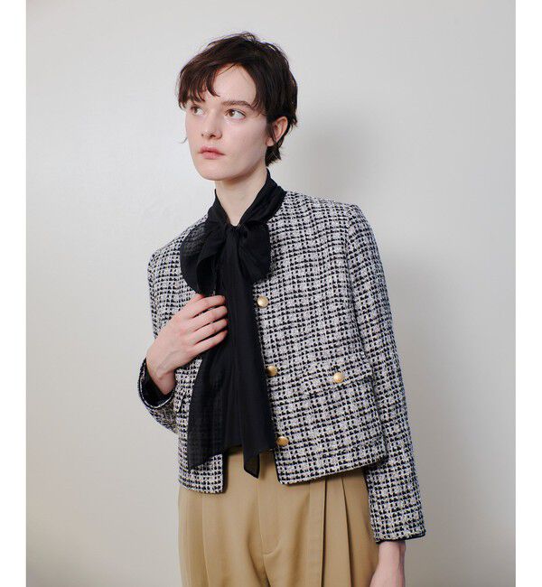 allureville「ファンシーツィードクルーネックジャケット」|ノーカラージャケット|