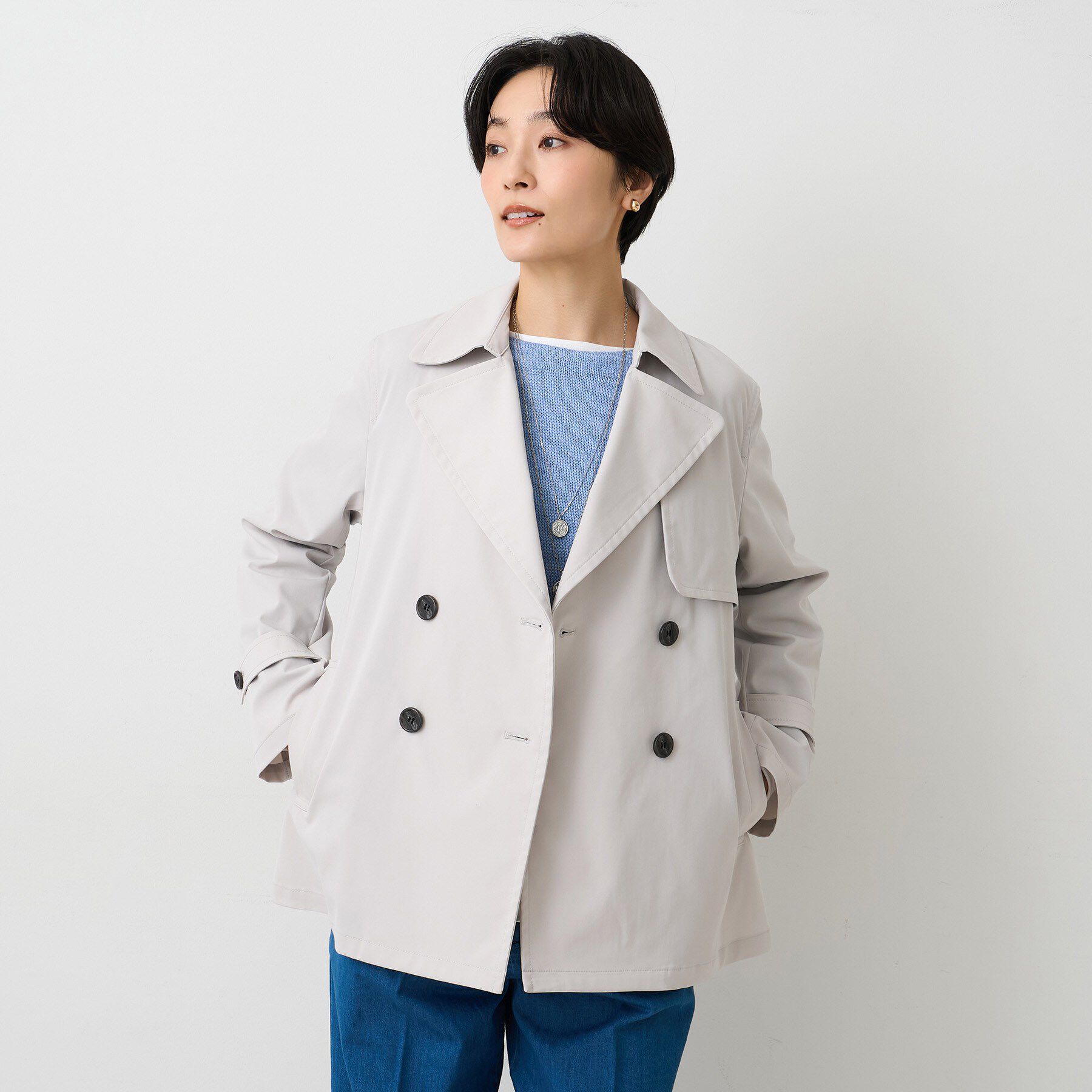 UNTITLED「【はっ水/洗える/セレモニーにも】タスランショートトレンチコート」|トレンチコート|ライトグレー(010