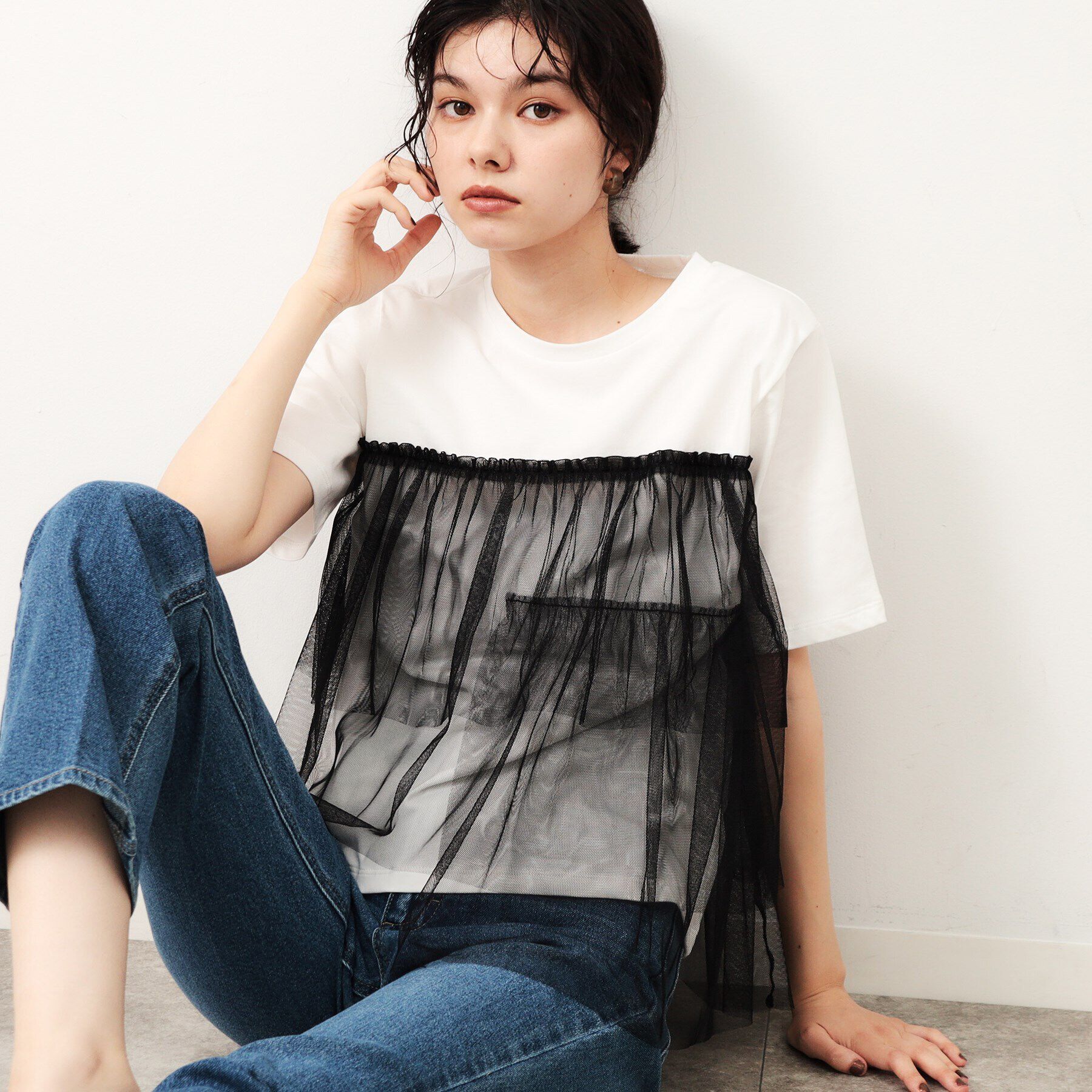 OPAQUE.CLIP「チュールドッキングTシャツ【洗濯機洗い可】」|Tシャツ・カットソー|ホワイト(501)