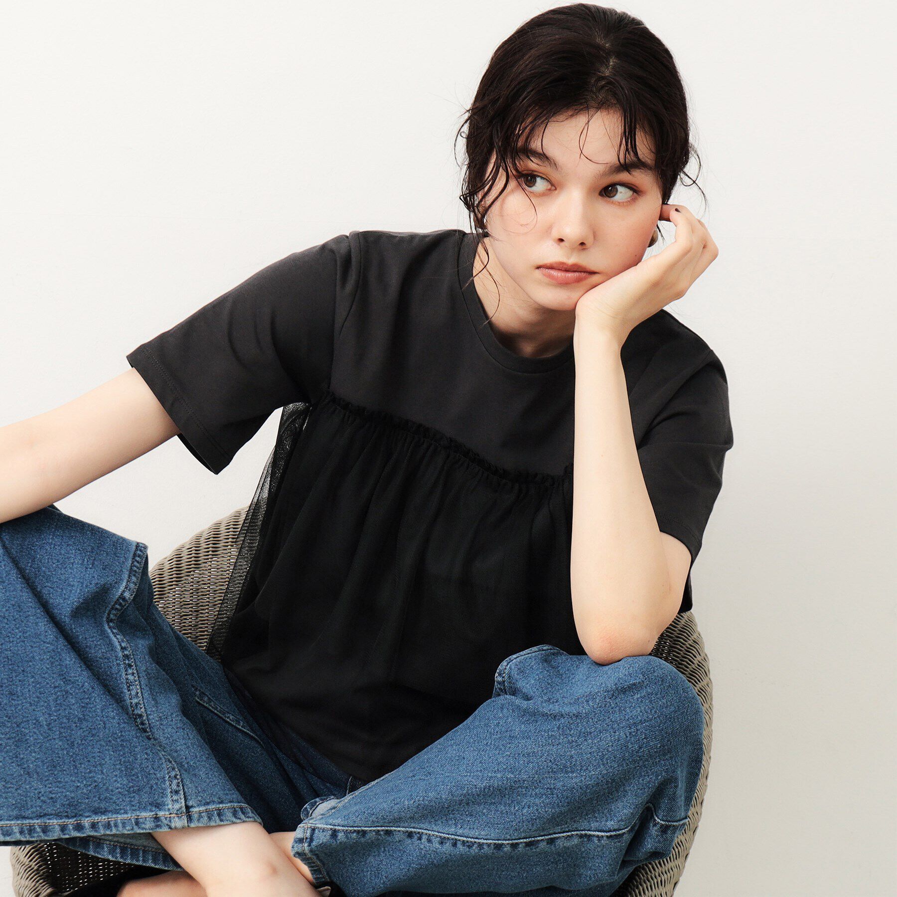 OPAQUE.CLIP「チュールドッキングTシャツ【洗濯機洗い可】」|Tシャツ・カットソー|チャコールグレー(5