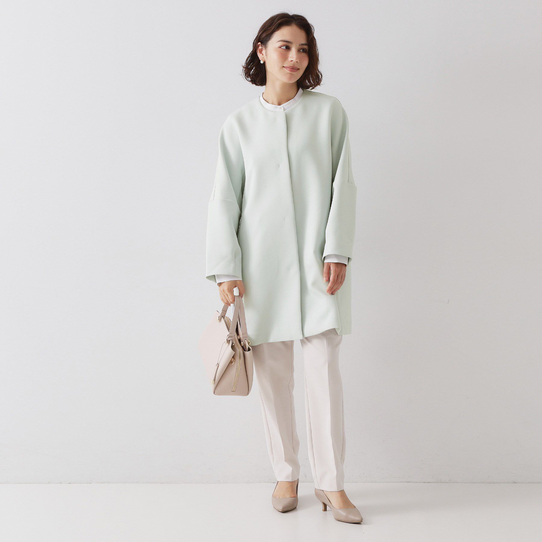 OPAQUE.CLIP「フォルムスリーブミドルコート【洗濯機OK】」|ノーカラーコート|