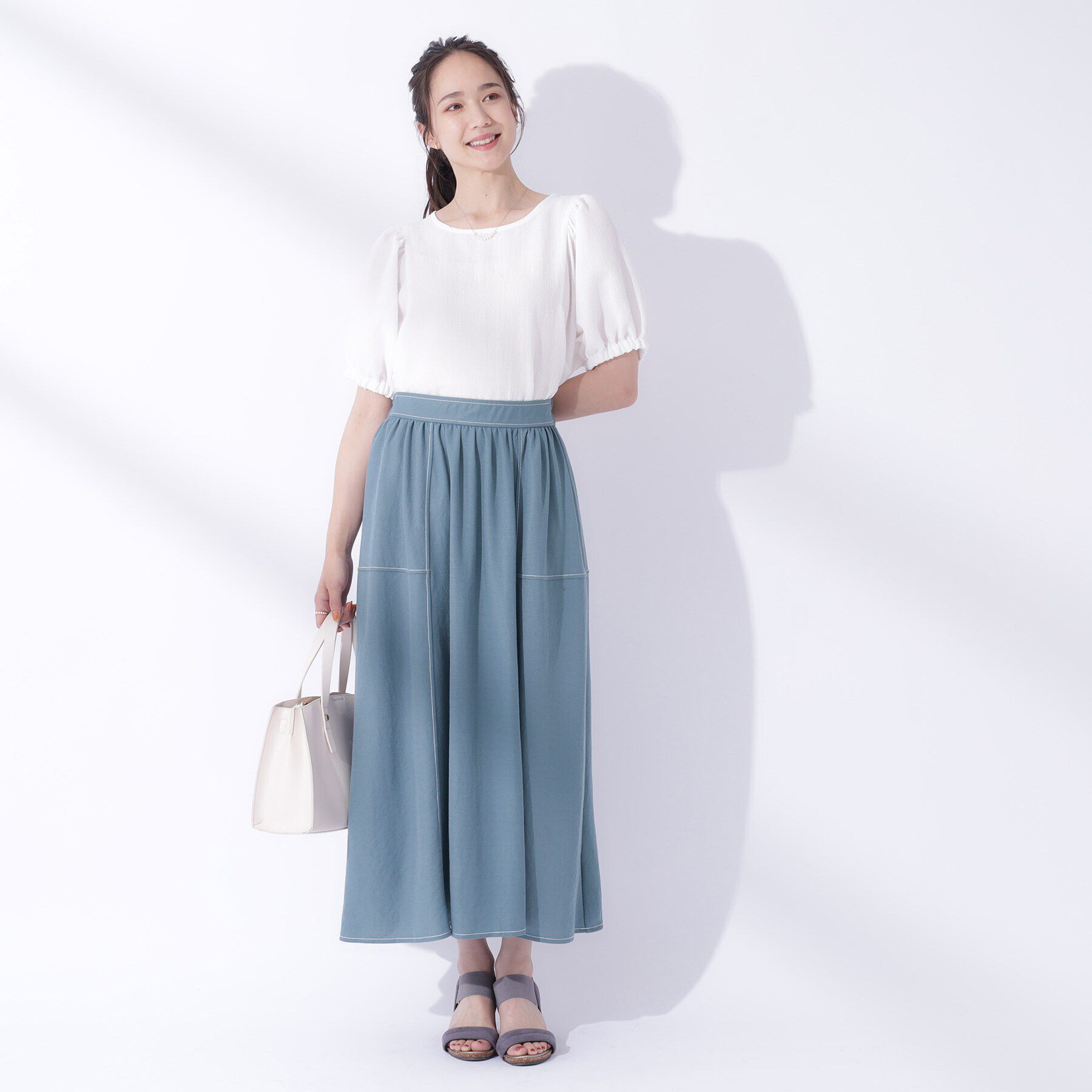 SHOO･LA･RUE「【UV】大人上品な 配色ステッチ フレアスカート」|スカート|