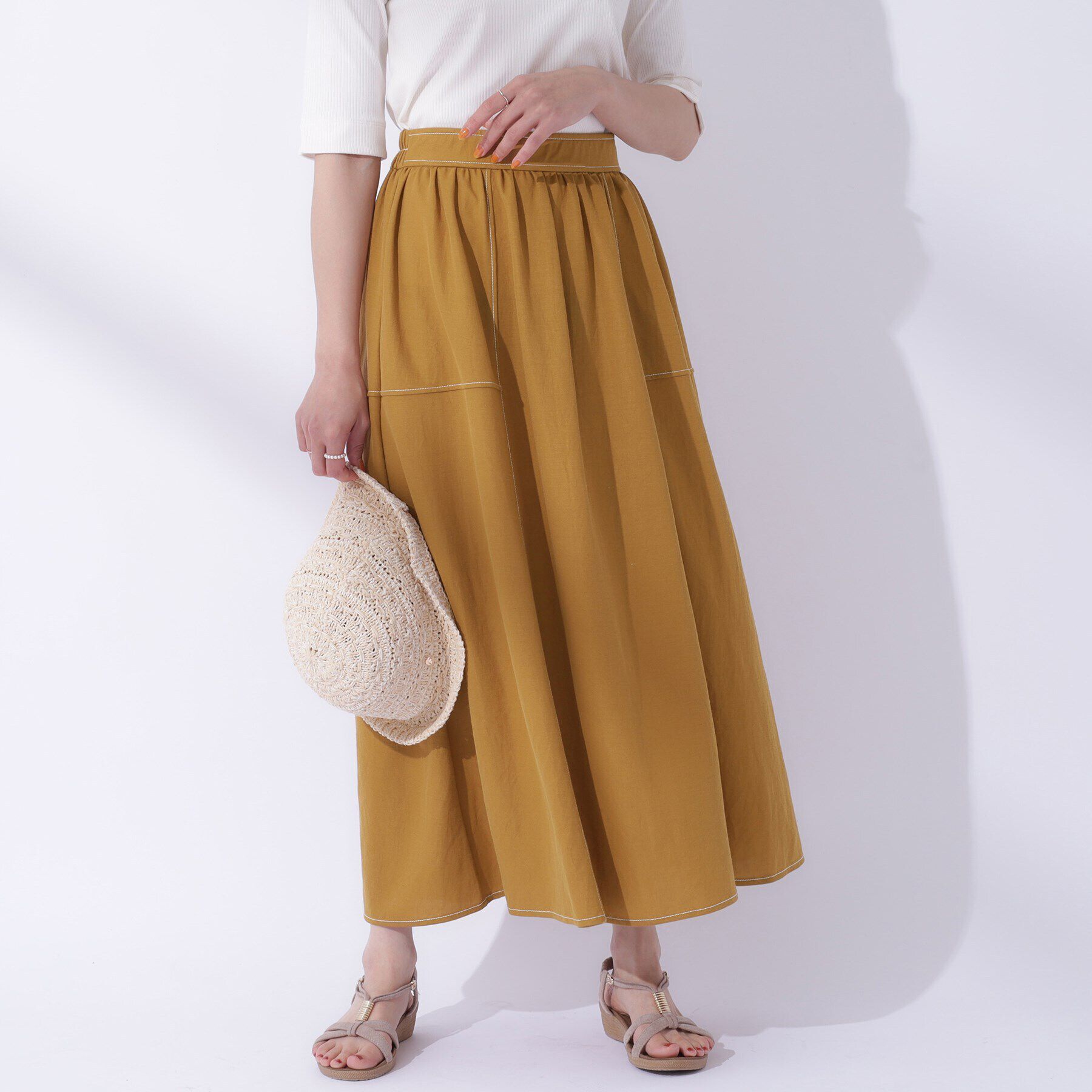 SHOO･LA･RUE「【UV】大人上品な 配色ステッチ フレアスカート」|スカート|マスタード(033)