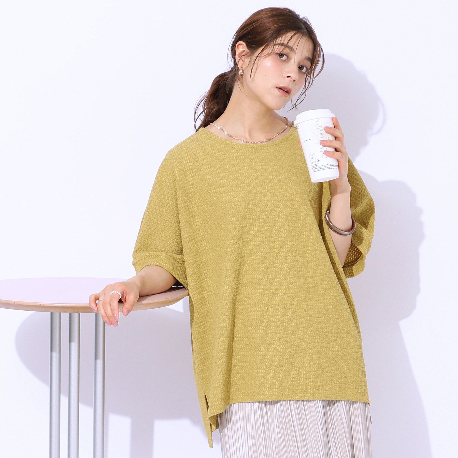 SHOO･LA･RUE「【涼やかリラクシー】アウトで決まる 5分袖ドルマントップス」|Tシャツ・カットソー|マスタード(033)