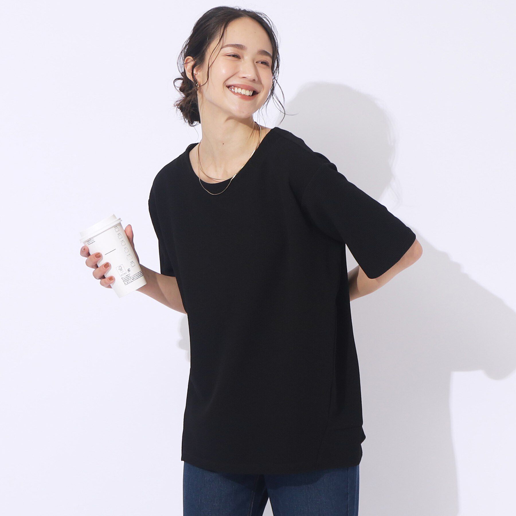SHOO･LA･RUE「【洗える/5分袖】すっきりきれいに魅せる ふくれジャカード コクーントップス」|Tシャツ・カットソー|ブラック(019)