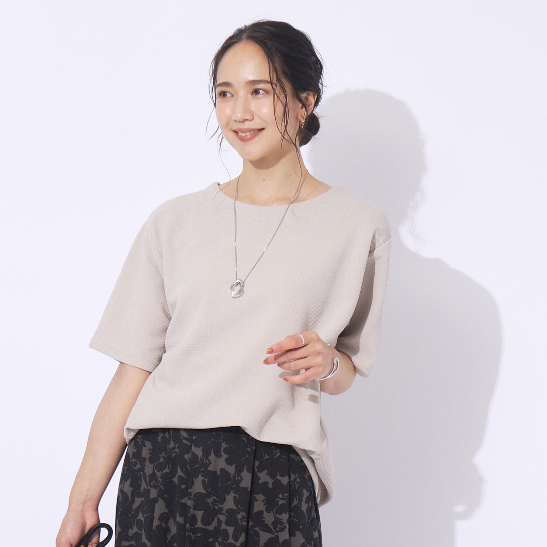 SHOO･LA･RUE「【洗える/5分袖】すっきりきれいに魅せる ふくれジャカード コクーントップス」|Tシャツ・カットソー|