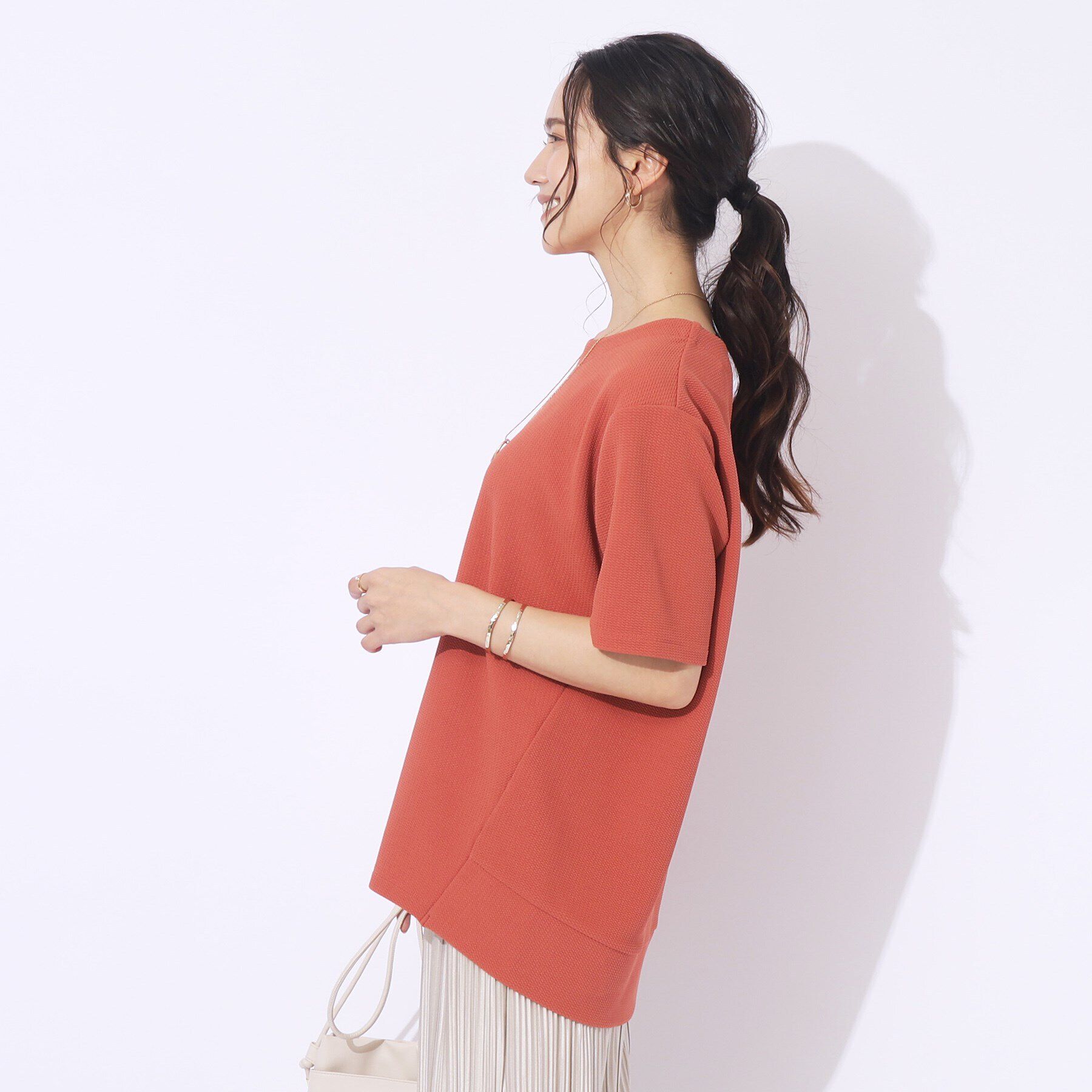 SHOO･LA･RUE「【洗える/5分袖】すっきりきれいに魅せる ふくれジャカード コクーントップス」|Tシャツ・カットソー|