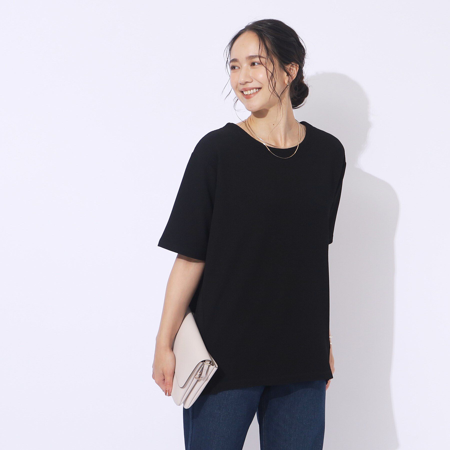 SHOO･LA･RUE「【洗える/5分袖】すっきりきれいに魅せる ふくれジャカード コクーントップス」|Tシャツ・カットソー|