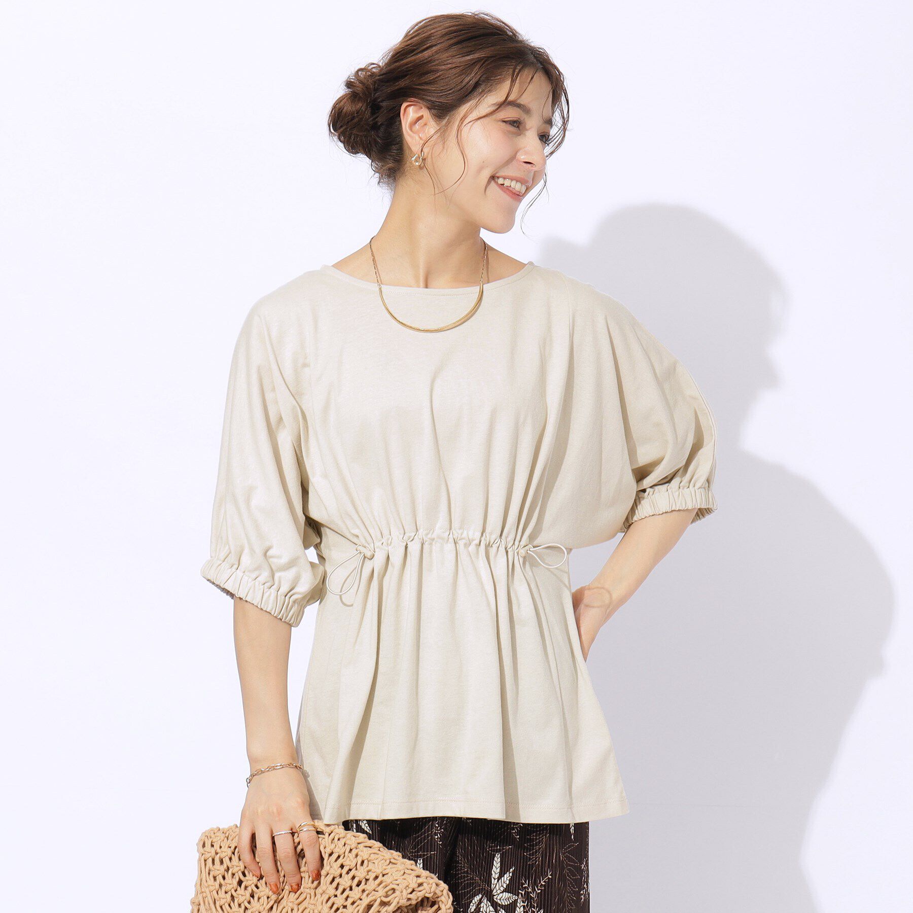 SHOO･LA･RUE「【洗える】ウエスト調節可能 ドロスト5分袖トップス」|Tシャツ・カットソー|