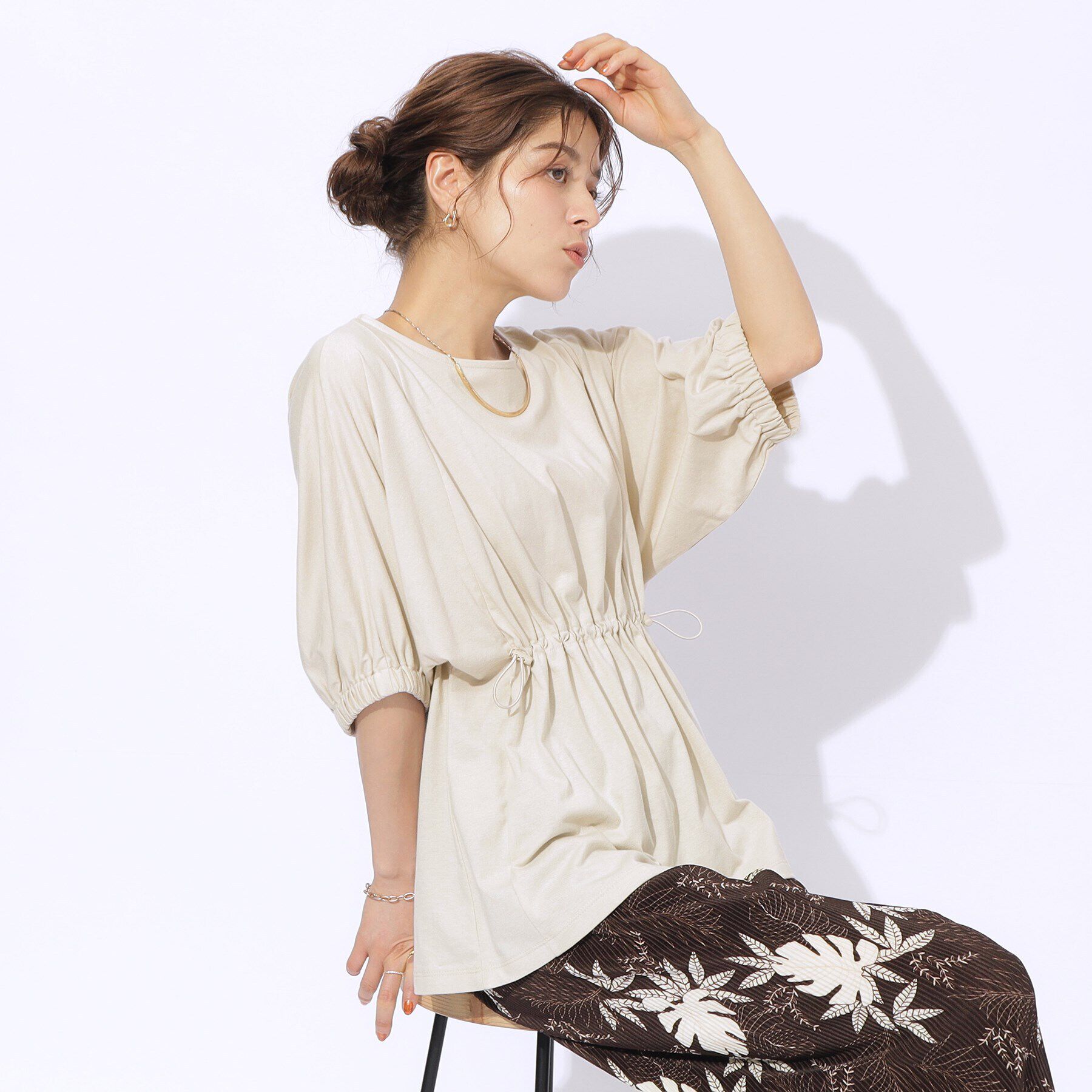 SHOO･LA･RUE「【洗える】ウエスト調節可能 ドロスト5分袖トップス」|Tシャツ・カットソー|