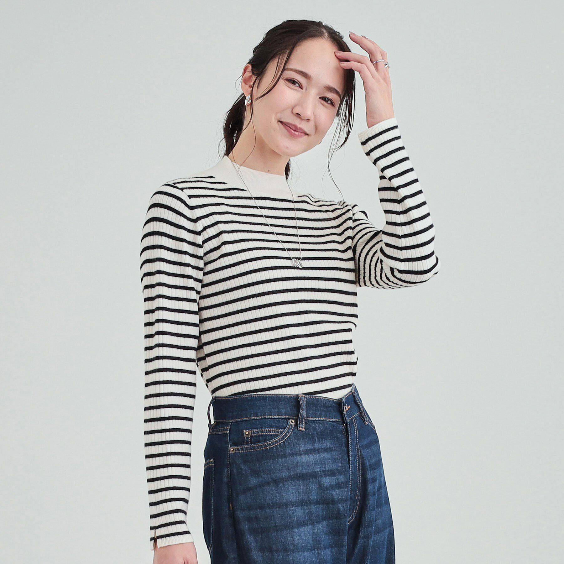 SHOO･LA･RUE「【洗える】1枚でこなれ見え 配色ライン リブハイネックニット」|ニット・セーター|