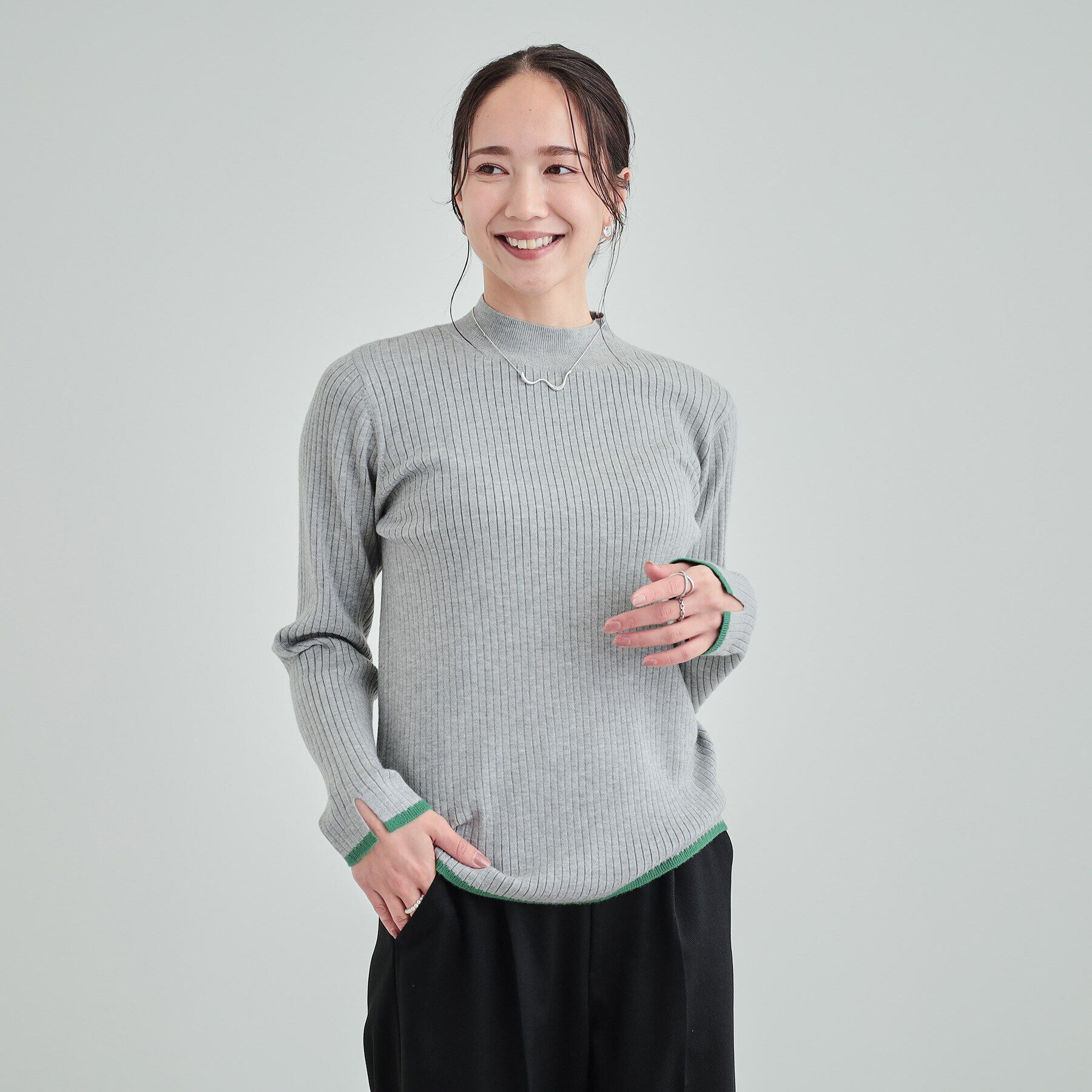 SHOO･LA･RUE「【洗える】1枚でこなれ見え 配色ライン リブハイネックニット」|ニット・セーター|