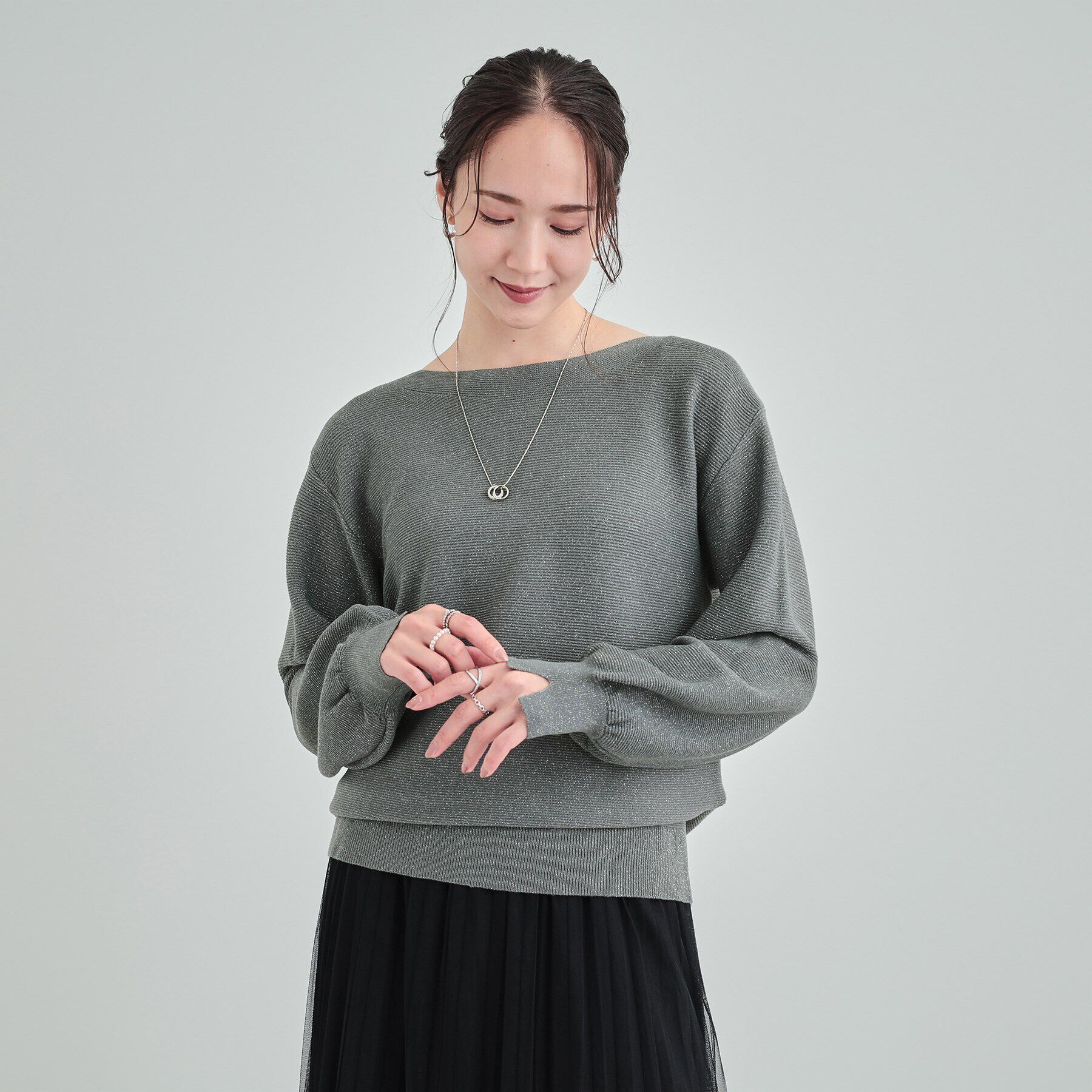 SHOO･LA･RUE「【高レビュー/S-LL】大人のきらめき ボートネック ラメニット」|ニット・セーター|