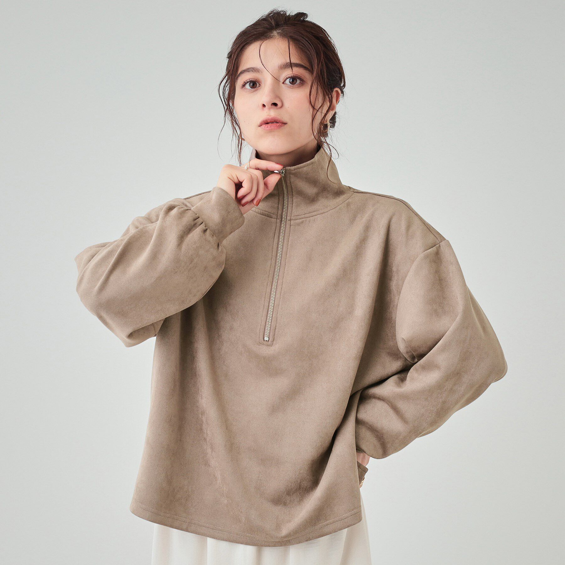 SHOO･LA･RUE「スエード調ハーフジッププルオーバー」|Tシャツ・カットソー|トープ(054)