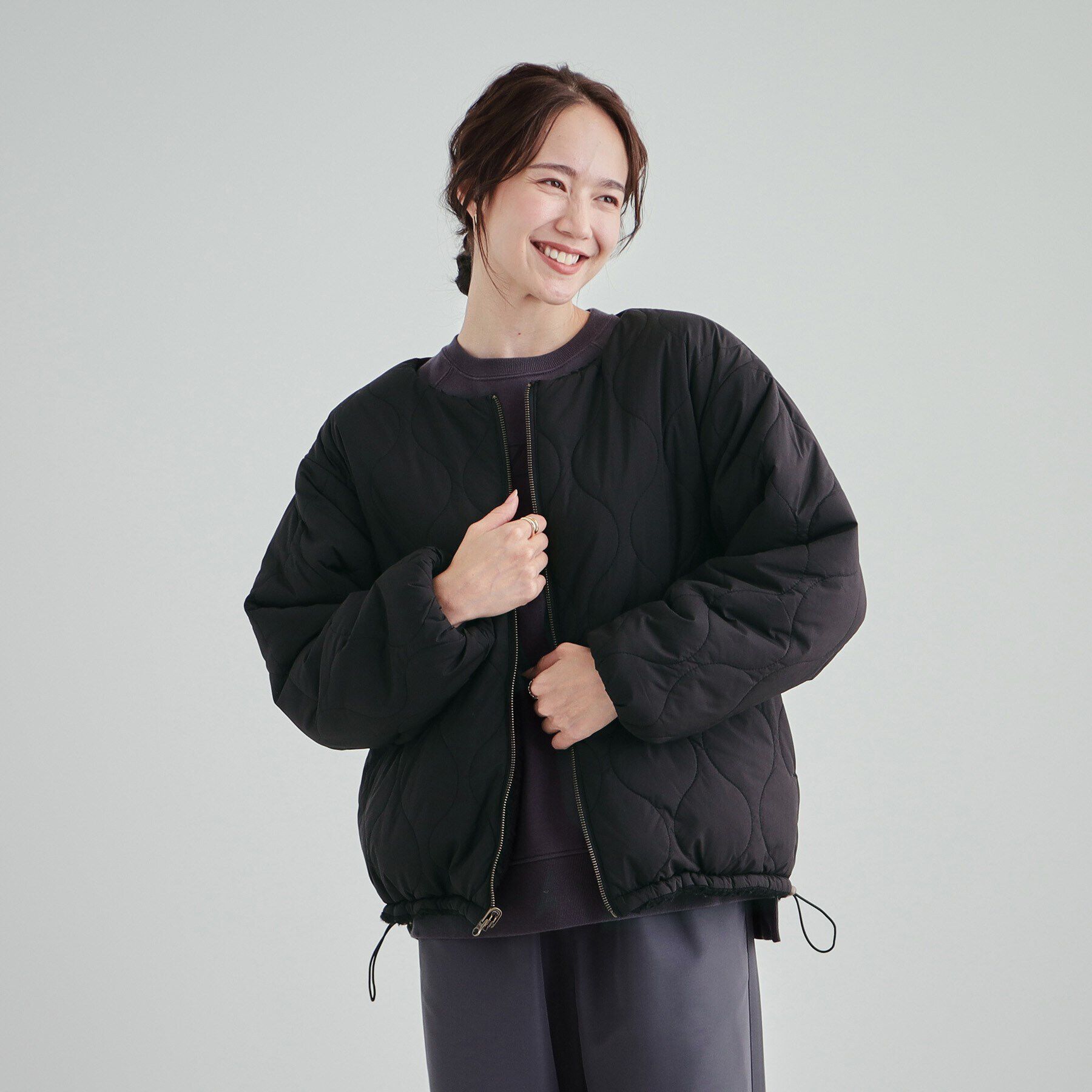 SHOO･LA･RUE「【S-LL/リバーシブル】首まわりすっきり ボア&times;キルト ノーカラーブルゾン」|ブルゾン・スタジャン|