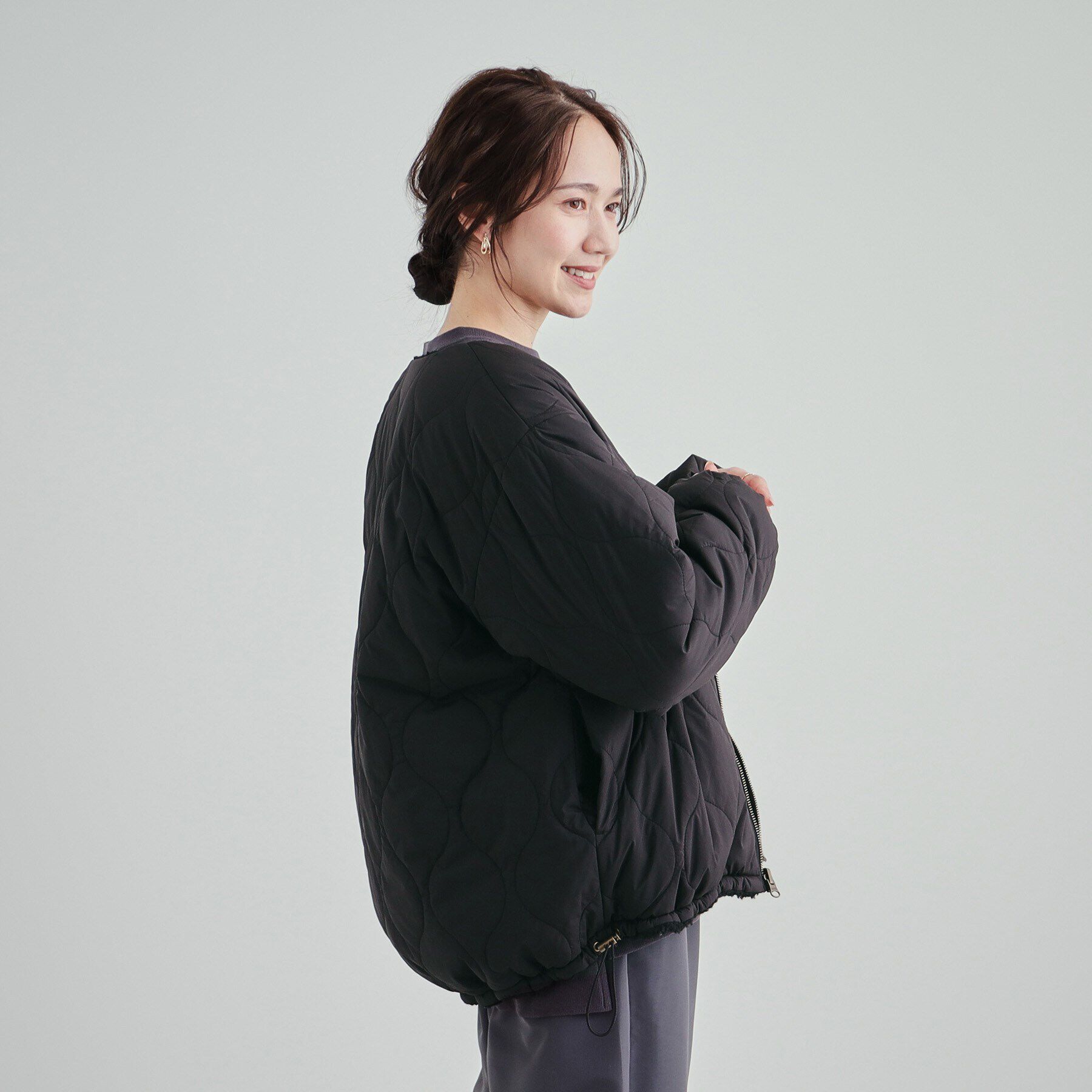 SHOO･LA･RUE「【S-LL/リバーシブル】首まわりすっきり ボア&times;キルト ノーカラーブルゾン」|ブルゾン・スタジャン|