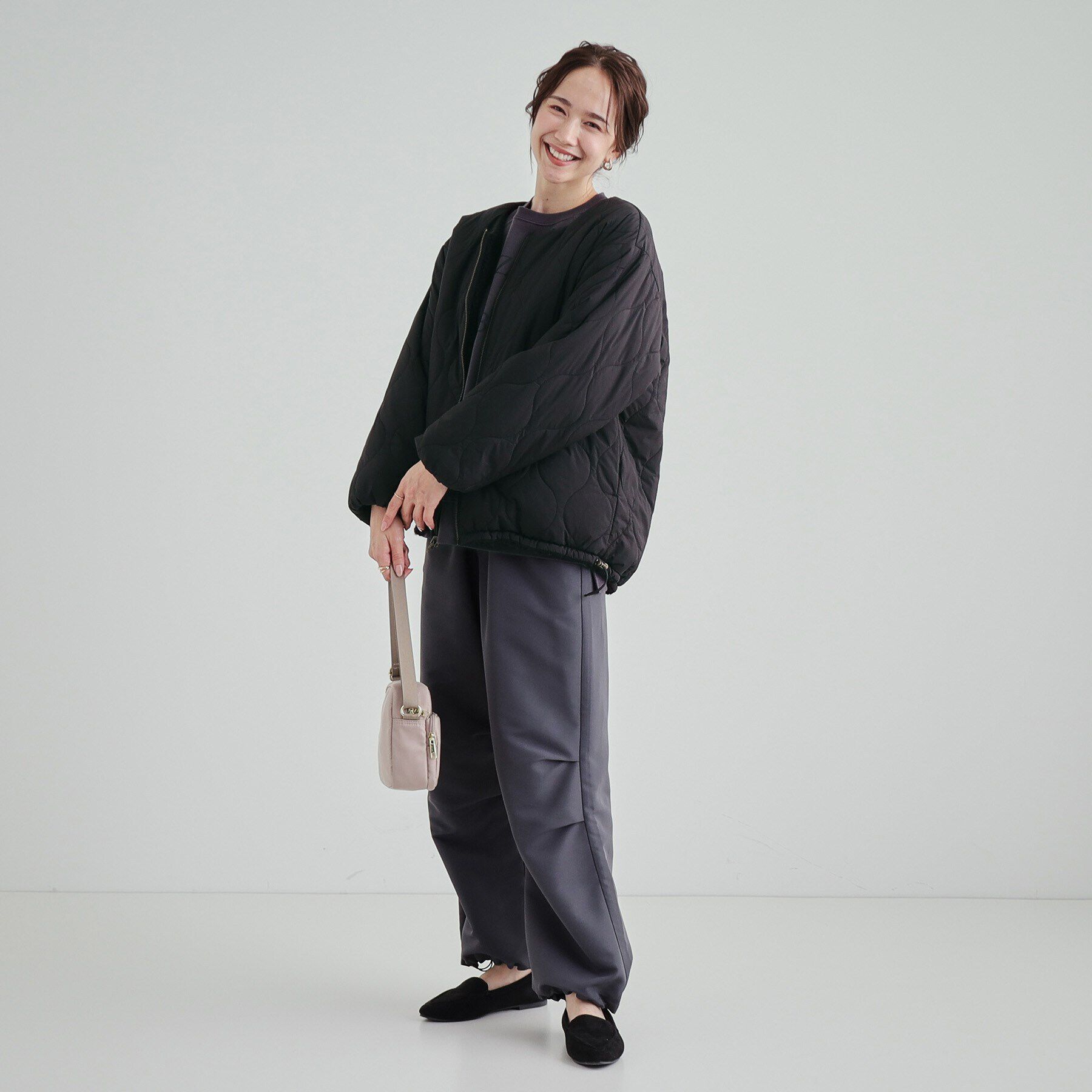 SHOO･LA･RUE「【S-LL/リバーシブル】首まわりすっきり ボア&times;キルト ノーカラーブルゾン」|ブルゾン・スタジャン|