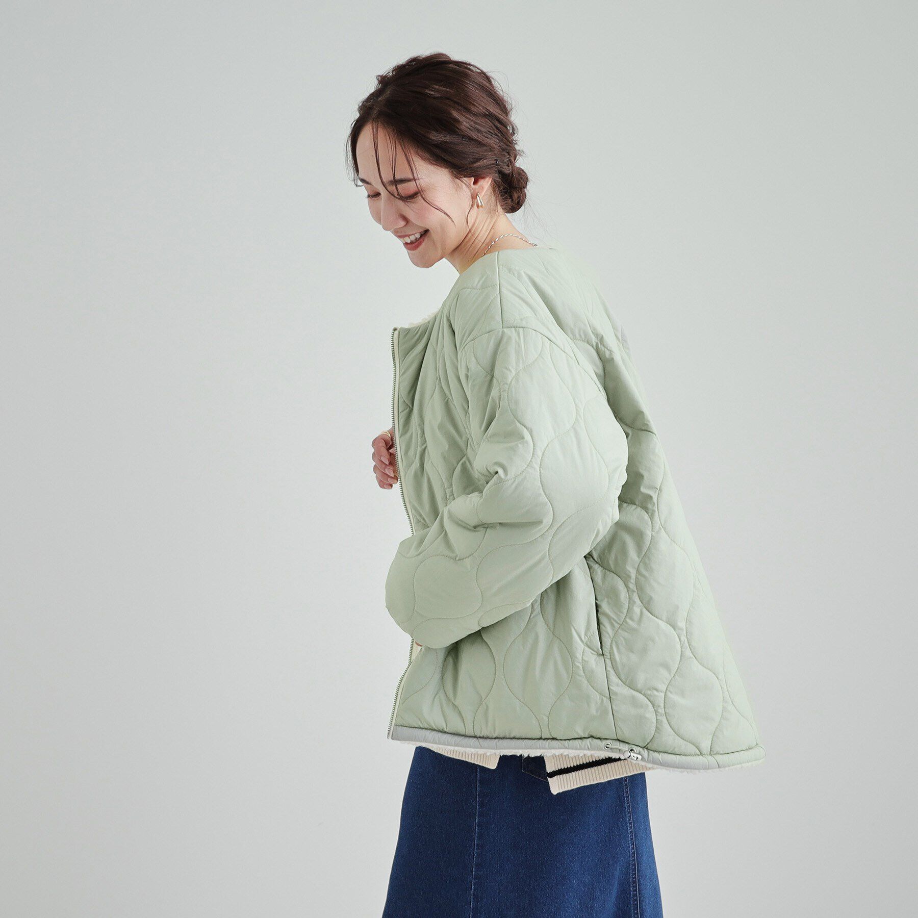 SHOO･LA･RUE「【S-LL/リバーシブル】首まわりすっきり ボア&times;キルト ノーカラーブルゾン」|ブルゾン・スタジャン|