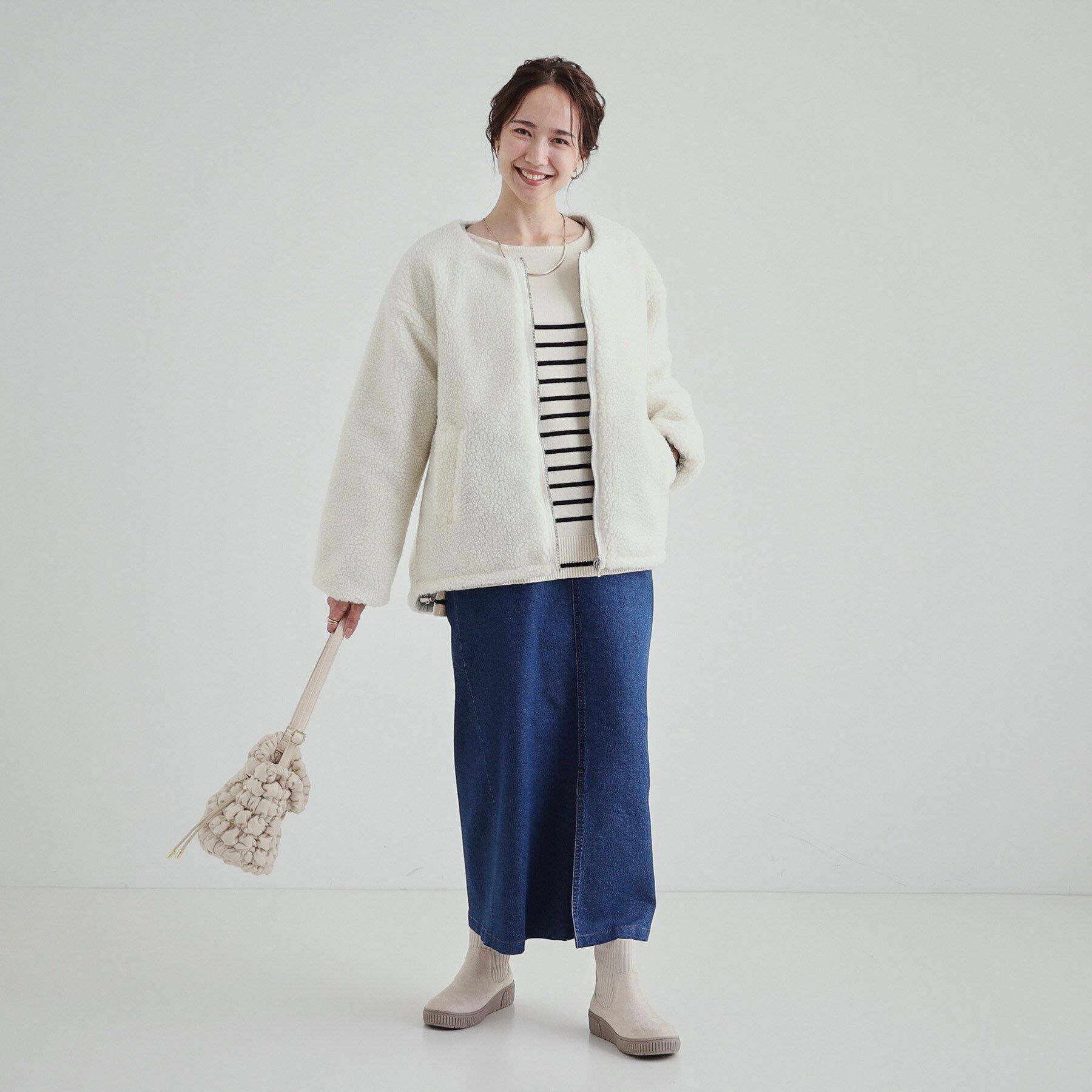 SHOO･LA･RUE「【S-LL/リバーシブル】首まわりすっきり ボア&times;キルト ノーカラーブルゾン」|ブルゾン・スタジャン|