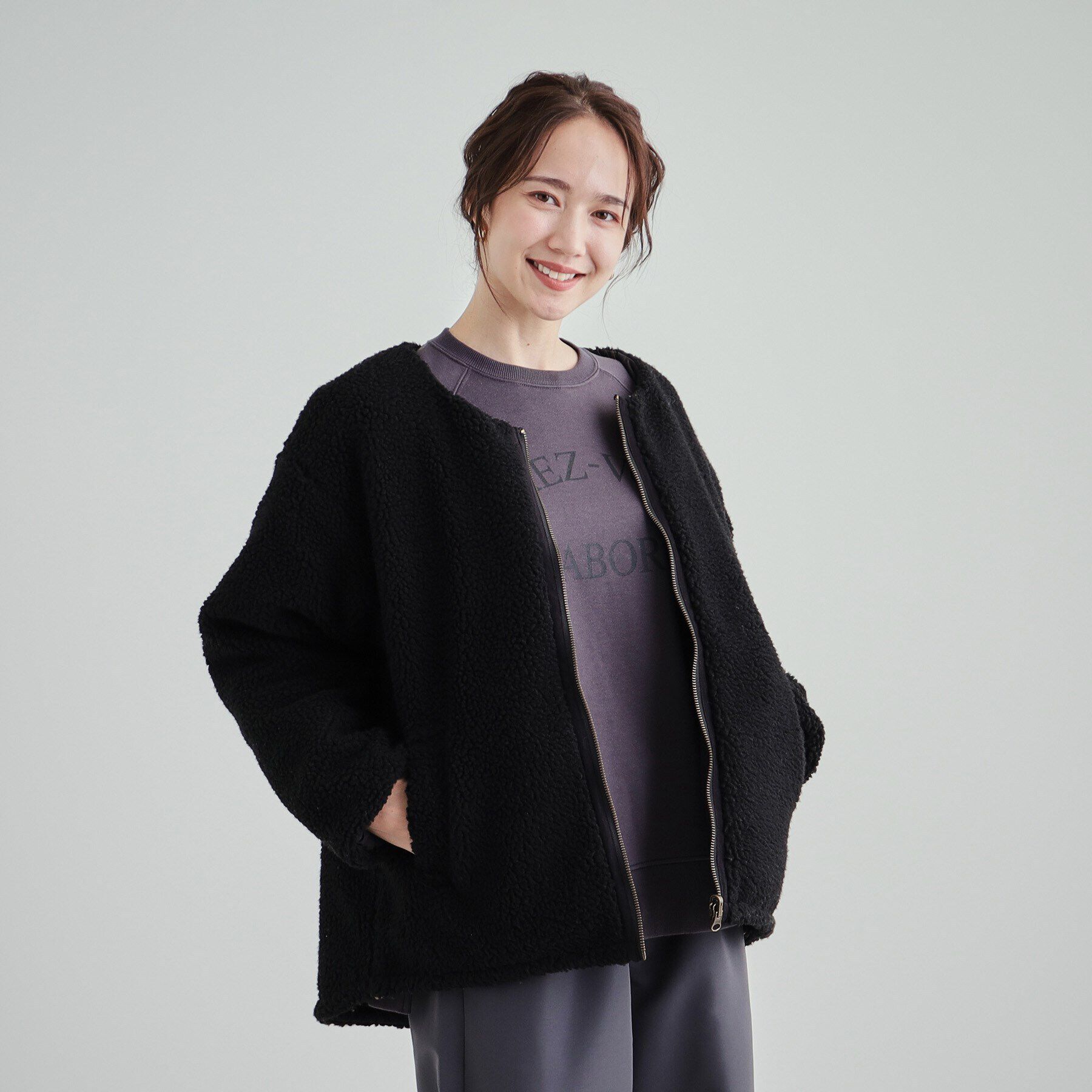 SHOO･LA･RUE「【S-LL/リバーシブル】首まわりすっきり ボア&times;キルト ノーカラーブルゾン」|ブルゾン・スタジャン|