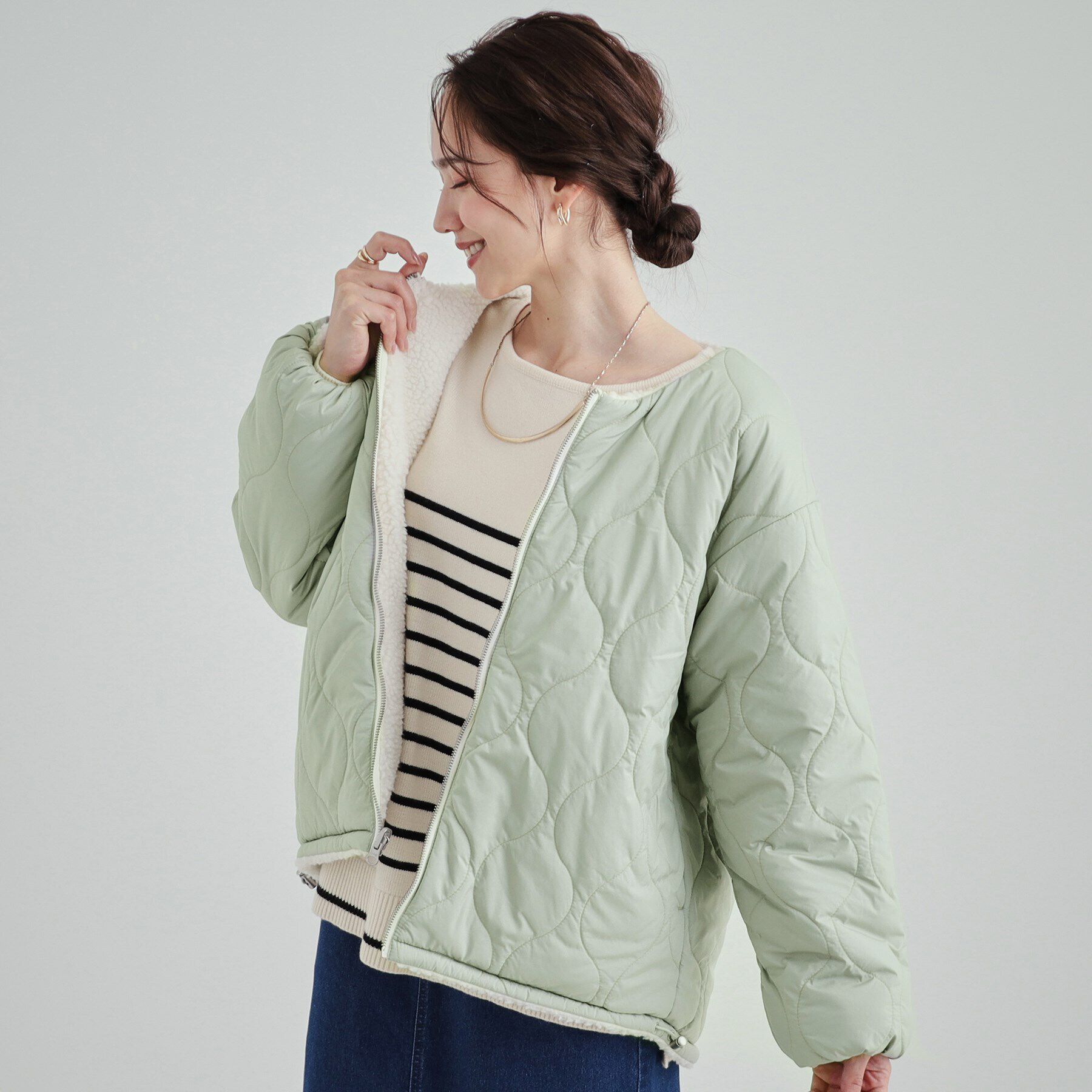 SHOO･LA･RUE「【S-LL/リバーシブル】首まわりすっきり ボア&times;キルト ノーカラーブルゾン」|ブルゾン・スタジャン|ミントグリーン(02