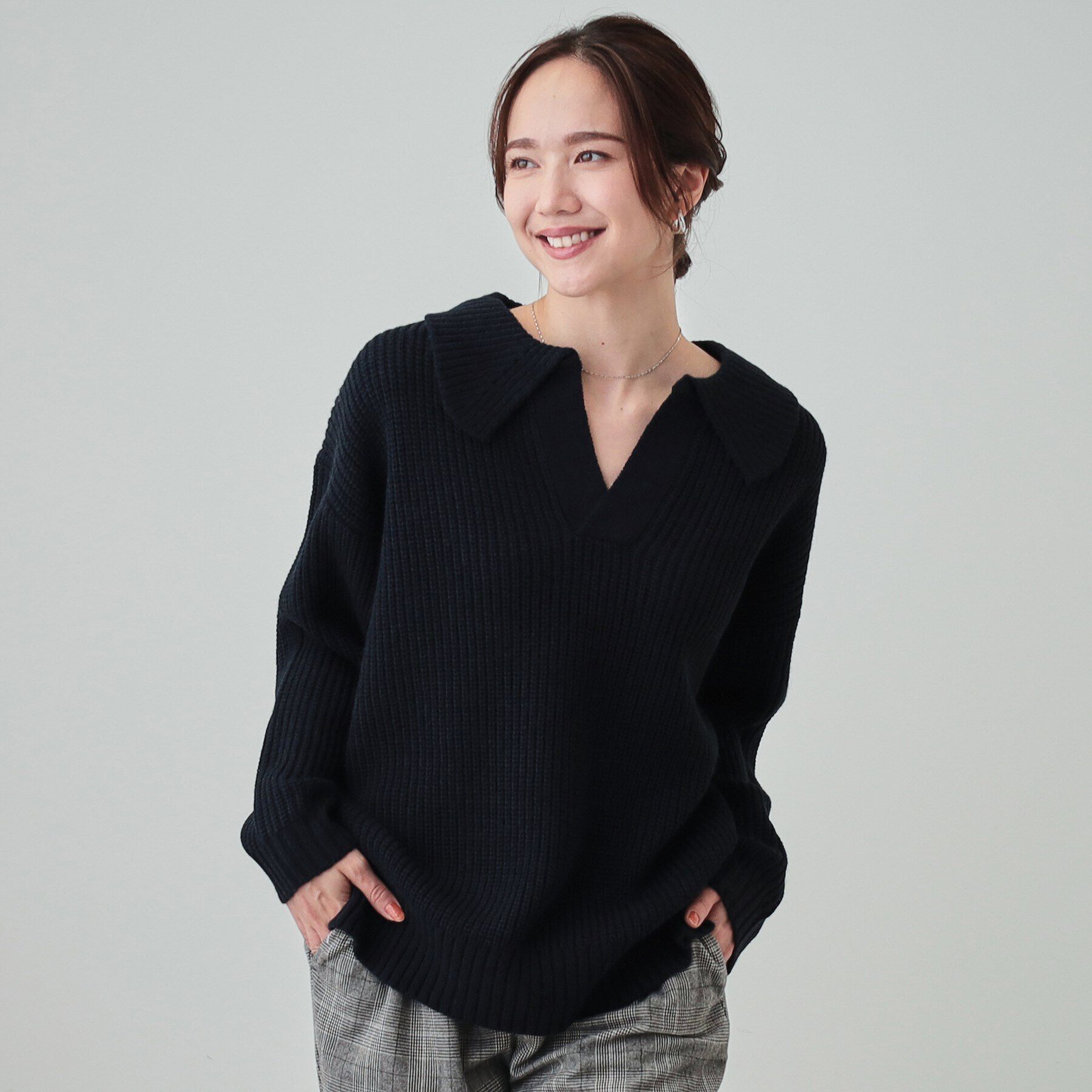 SHOO･LA･RUE「【S-LL】襟付きでこなれる 畦編みゆるニット」|ニット・セーター|ネイビー(094)