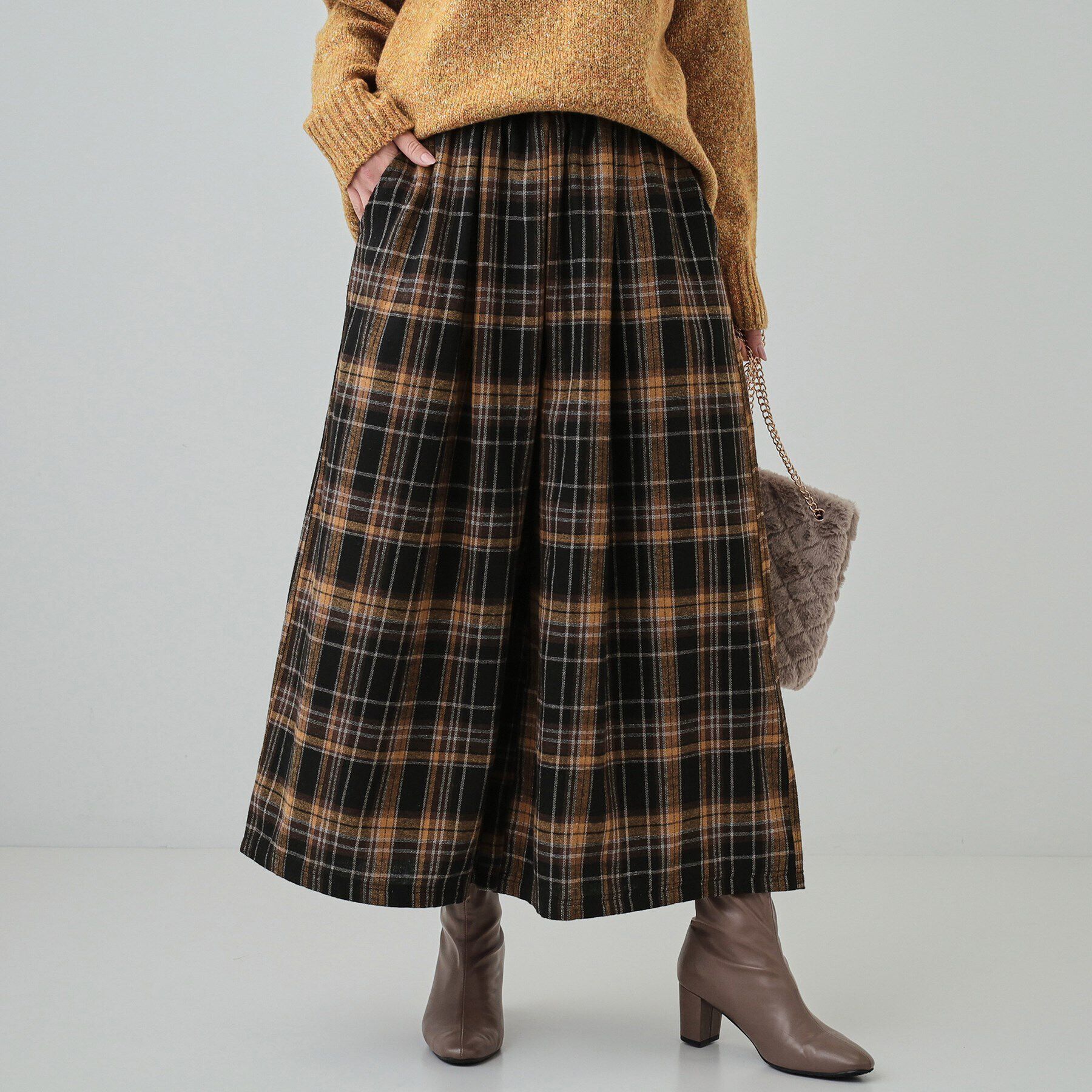 SHOO･LA･RUE「大人が着たい 微起毛 チェック柄ガウチョパンツ」|その他|イエロー(232)