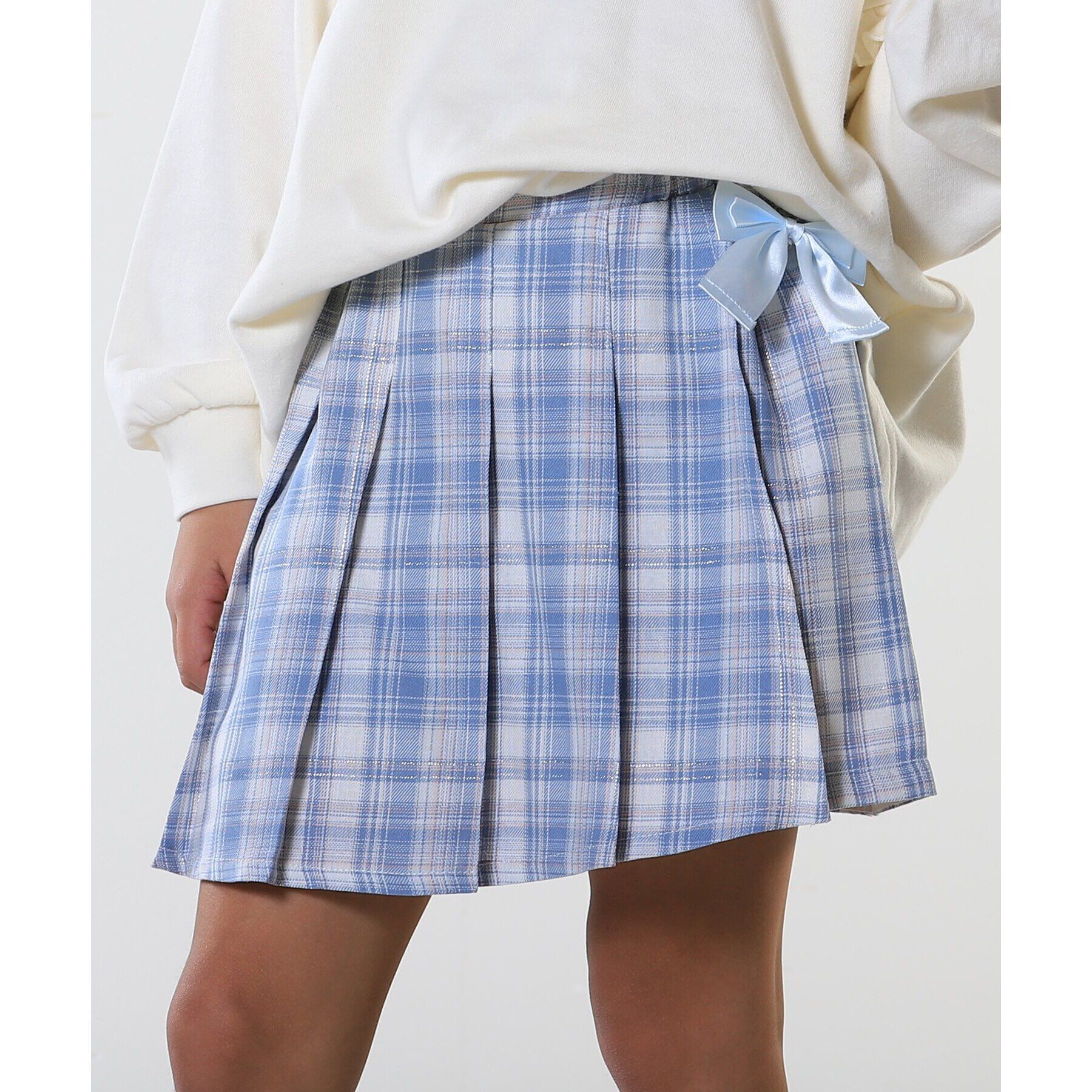 SHOO･LA･RUE「【110-140cm】チャーム付きチェックプリーツスカパン」|スカート|サックスブルー(39