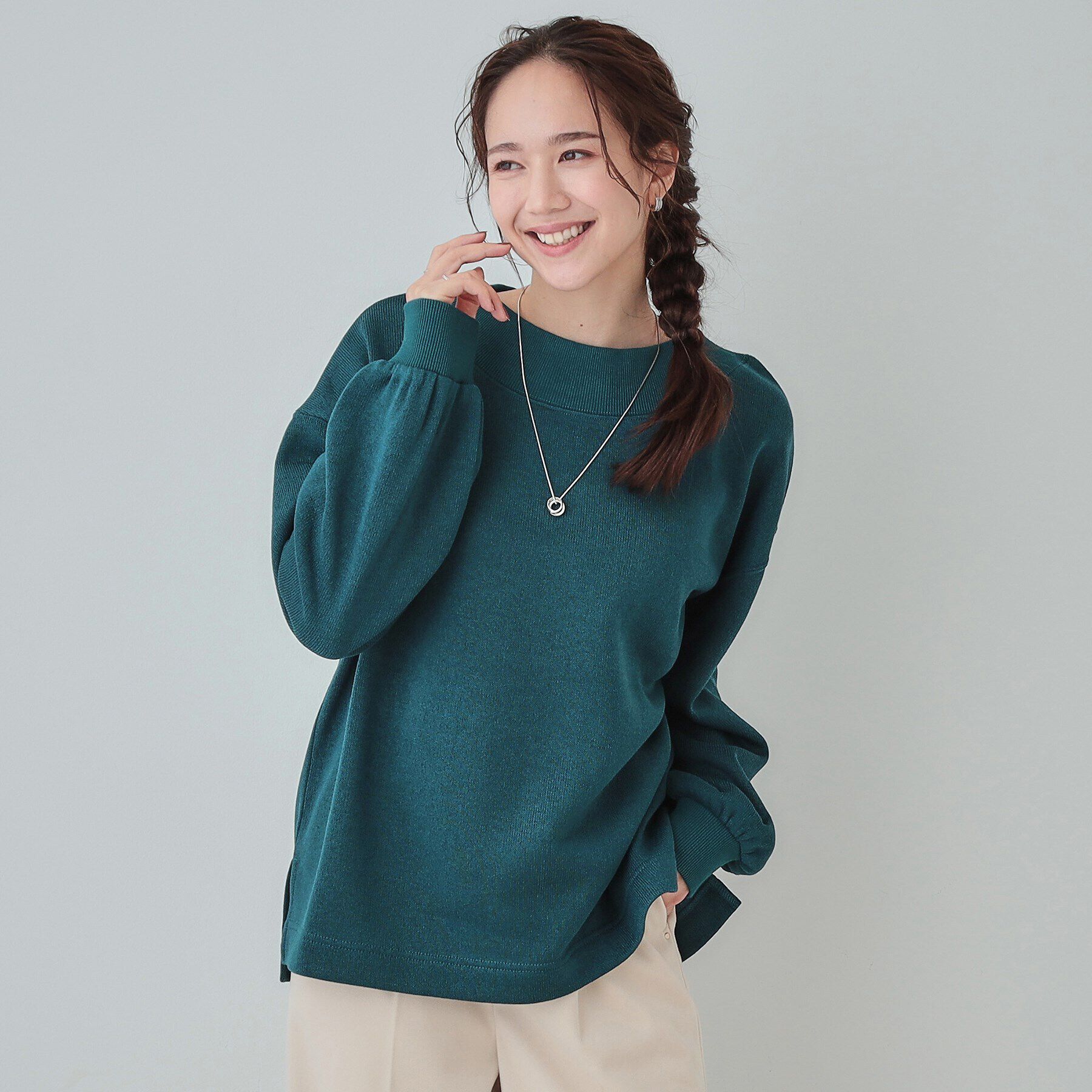 SHOO･LA･RUE「【S-LL】大人カジュアルに オフネックニットソー」|Tシャツ・カットソー|ブルーグリーン(09