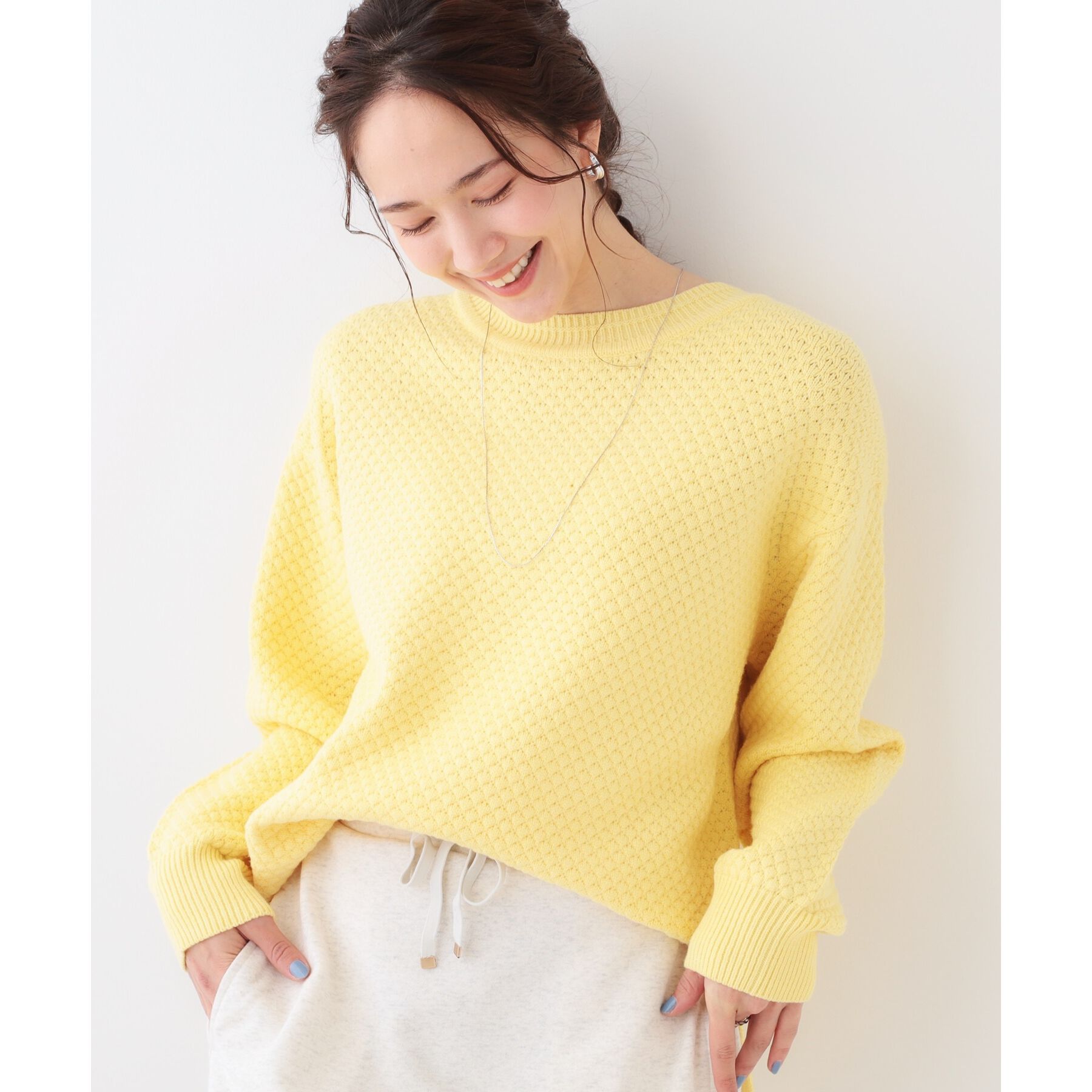 SHOO･LA･RUE「【高レビュー/洗える/S-LL】ポコポコの表面感が魅力 ラーベン柄ニット」|ニット・セーター|イエロー(031)