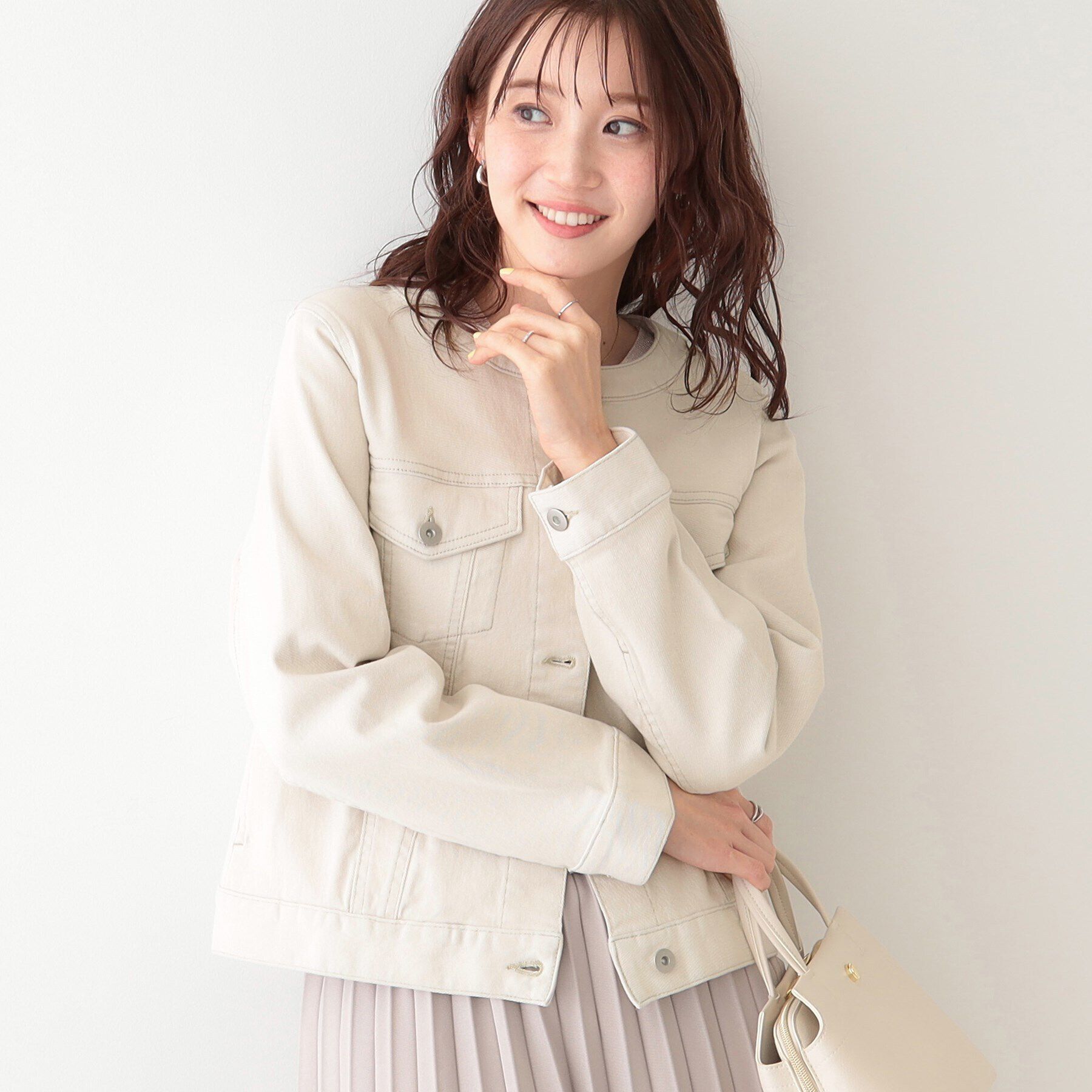 SHOO･LA･RUE「【S-LL】大人のための ノーカラーデニムジャケット」|デニムジャケット|ライトグレー(011