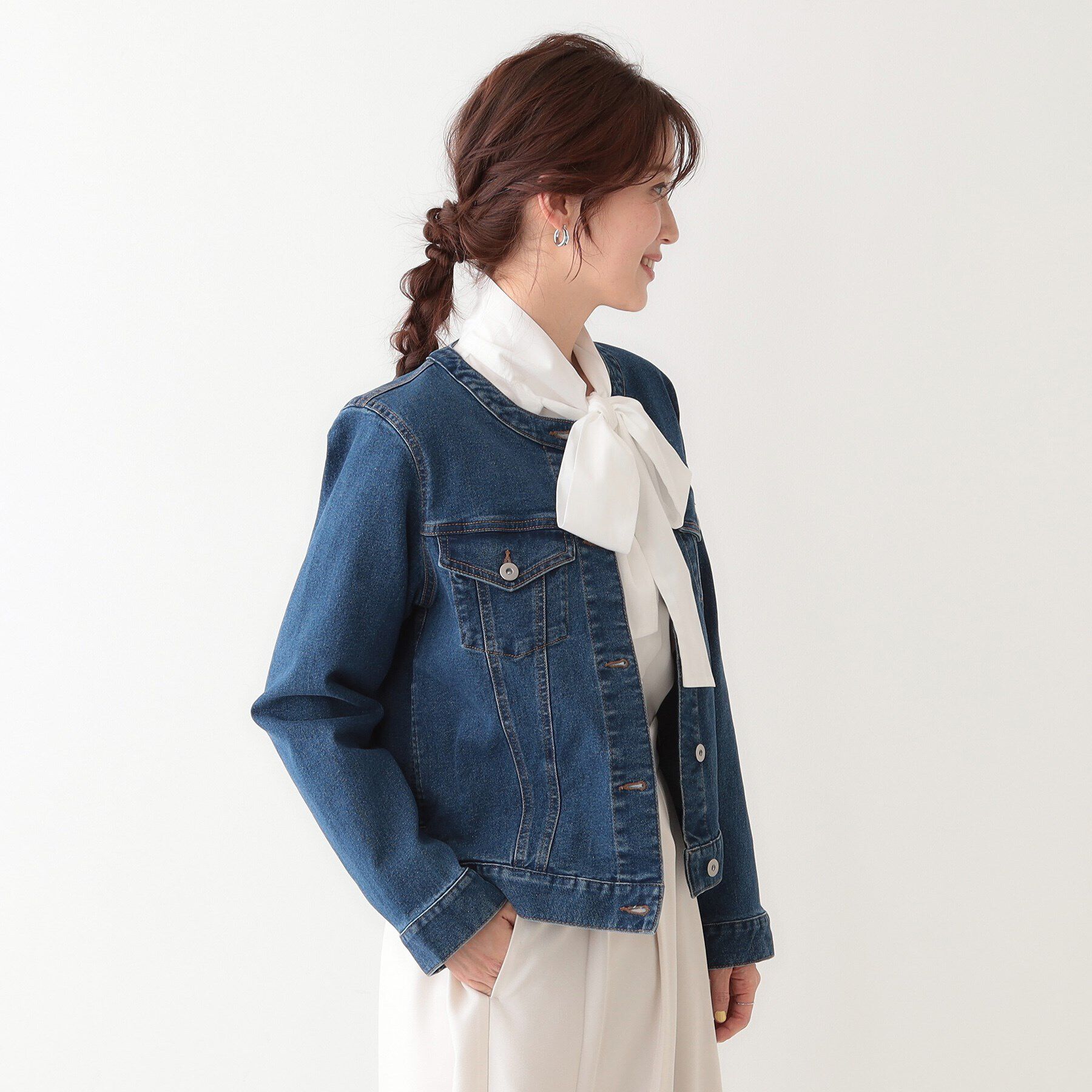 SHOO･LA･RUE「【S-LL】大人のための ノーカラーデニムジャケット」|デニムジャケット|